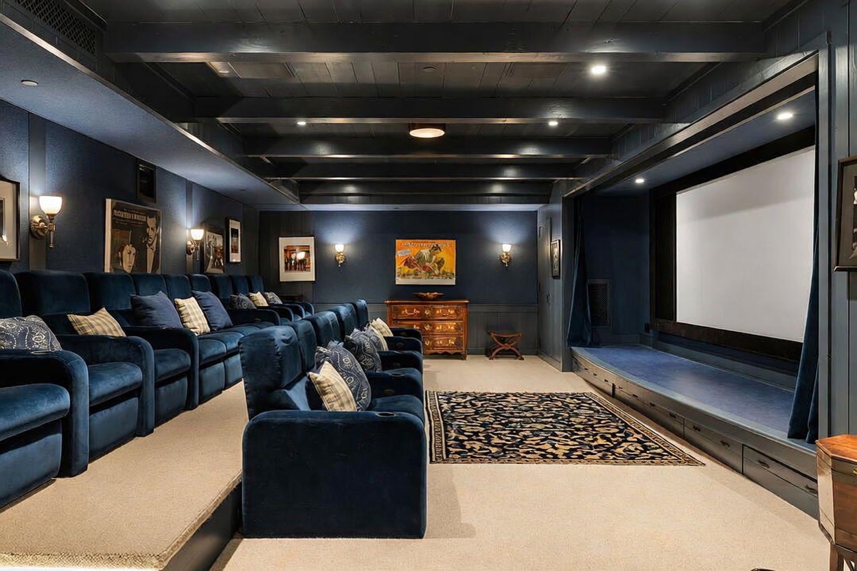 This dedicated home theater features tiered rows of plush, dark blue velvet seating arranged for optimal viewing of a large projection screen. The room is styled with deep blue walls, a coffered ceiling with recessed lighting, and wall-mounted sconces that provide a classic cinema atmosphere. A patterned area rug sits on the carpeted floor in front of the screen, while a wooden chest of drawers serves as a decorative accent against the back wall.
