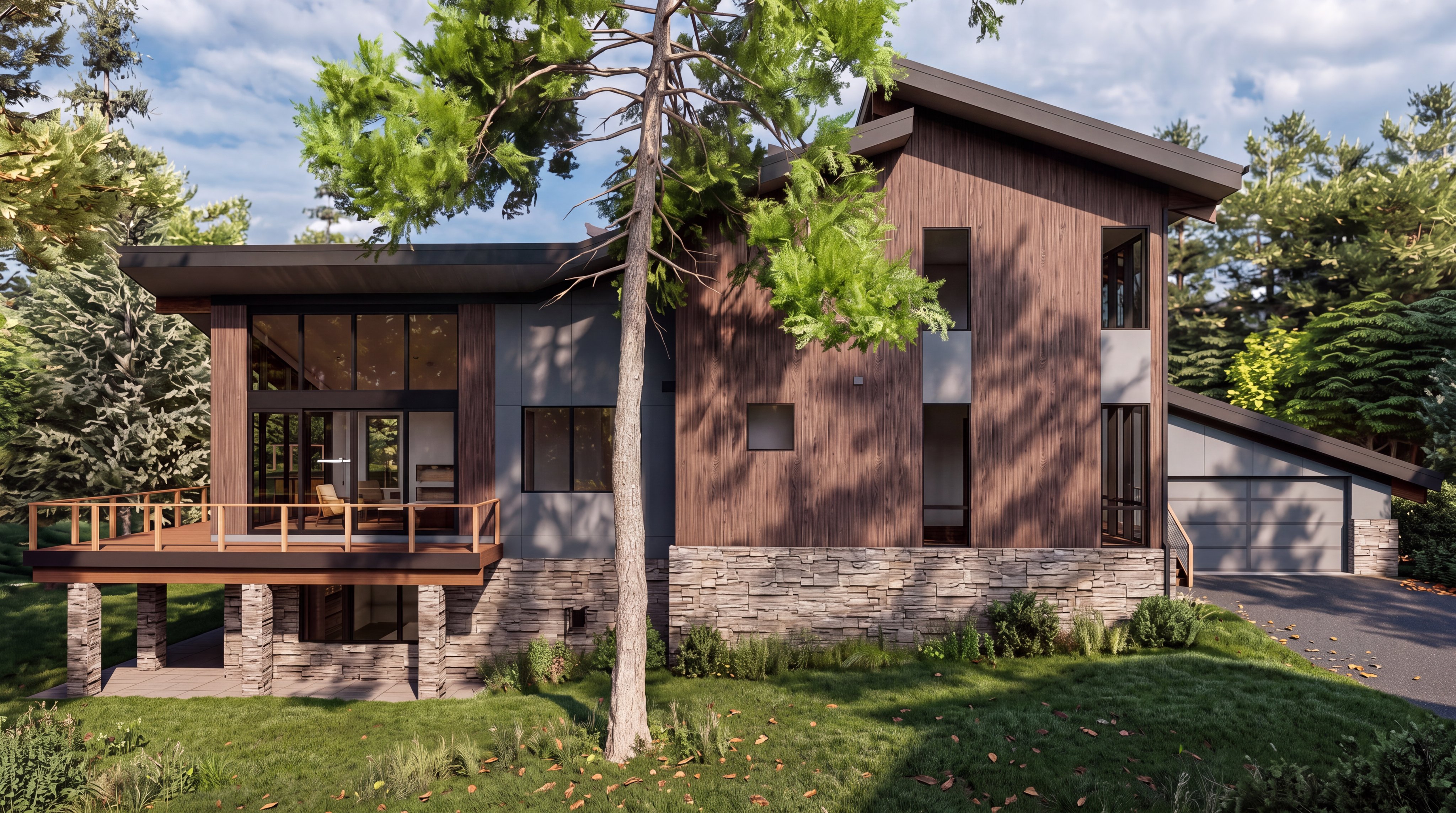 This architectural rendering showcases a modern, multi-level home nestled in a wooded setting. The exterior features a combination of vertical wood-toned siding, dark gray panels, and a stone base, complemented by a raised wooden deck and a side-attached garage. The design emphasizes clean lines and large windows, creating a sophisticated and contemporary aesthetic.