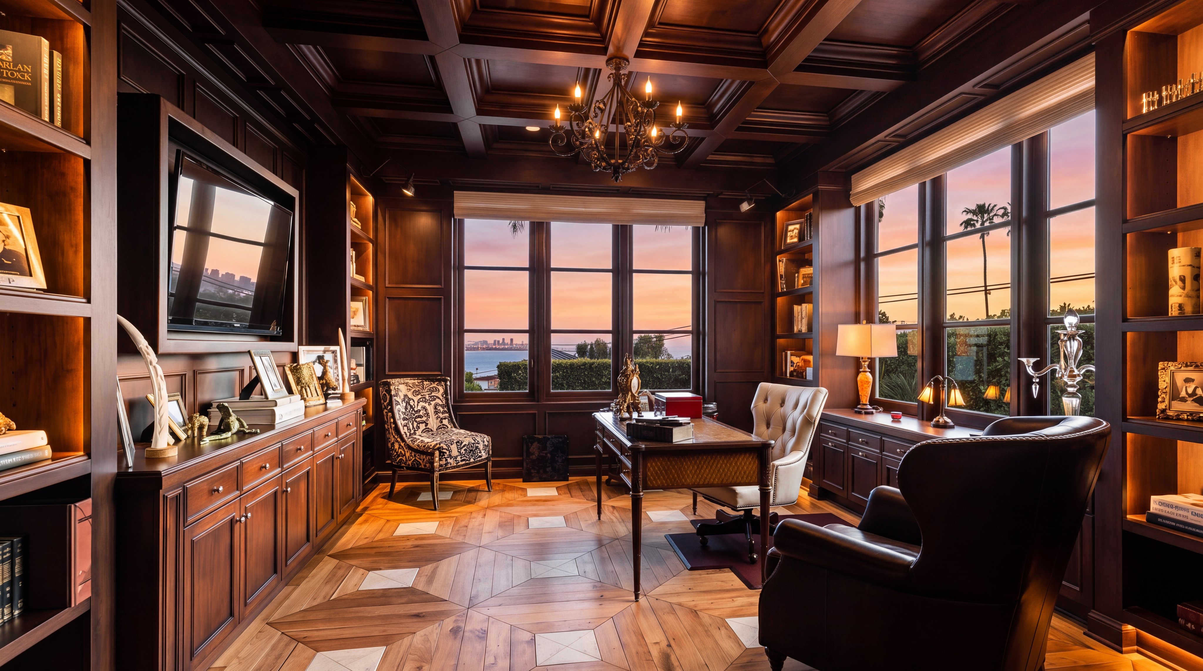 This sophisticated home office exudes luxury with its rich dark wood-paneled walls, coffered ceiling, and intricate parquet flooring. The room is anchored by a stately desk and leather executive chair, complemented by a cozy patterned armchair, all beautifully illuminated by a classic chandelier and sunset light streaming through the expansive windows. It is a refined workspace that perfectly blends traditional craftsmanship with scenic coastal views.