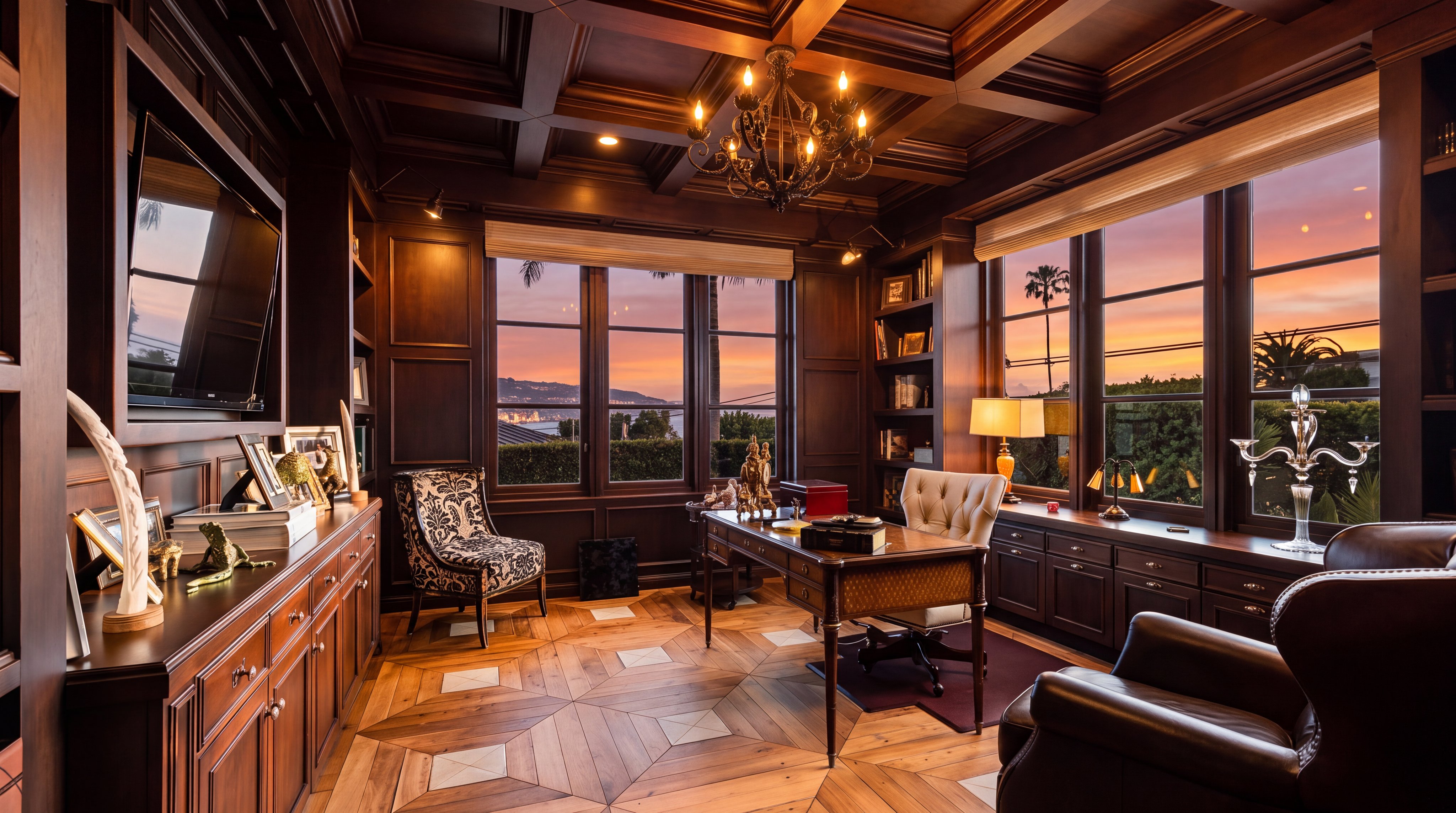 This sophisticated home office features rich, dark wood paneling, intricate coffered ceilings, and elegant parquet hardwood flooring. The room is furnished with a classic executive desk, a cream-colored leather chair, and a patterned accent chair, all framed by large windows offering a scenic sunset view. High-end finishes, custom built-in bookshelves, and warm, ambient lighting create a professional yet welcoming atmosphere.