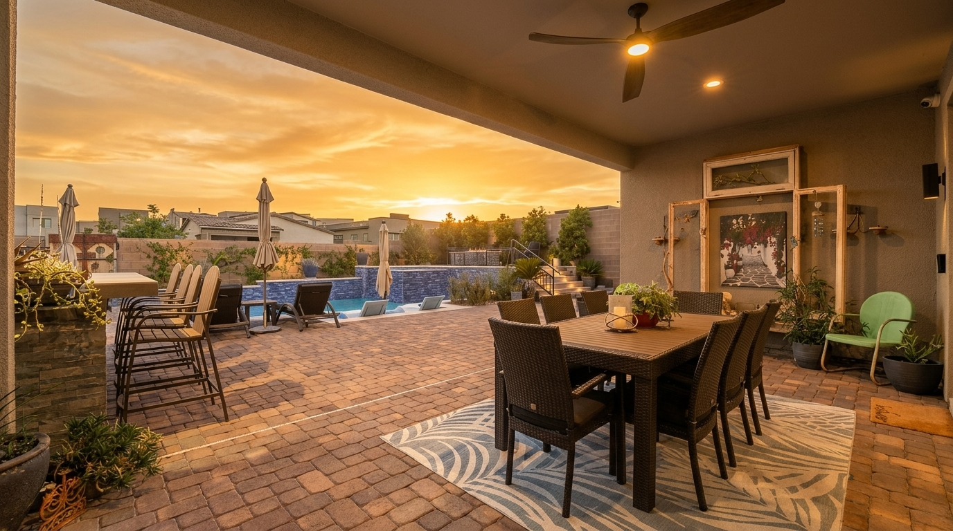 This expansive covered patio offers a seamless transition to an outdoor living space, featuring a large dining table set against a backdrop of a custom pool and spa. The area is paved with stone pavers and includes a patterned area rug, comfortable seating, and decorative wall art, all illuminated by recessed lighting. The perspective captures the transition from the shaded, comfortable dining area to the vibrant, sunset-lit pool deck, creating an inviting atmosphere for outdoor entertaining.