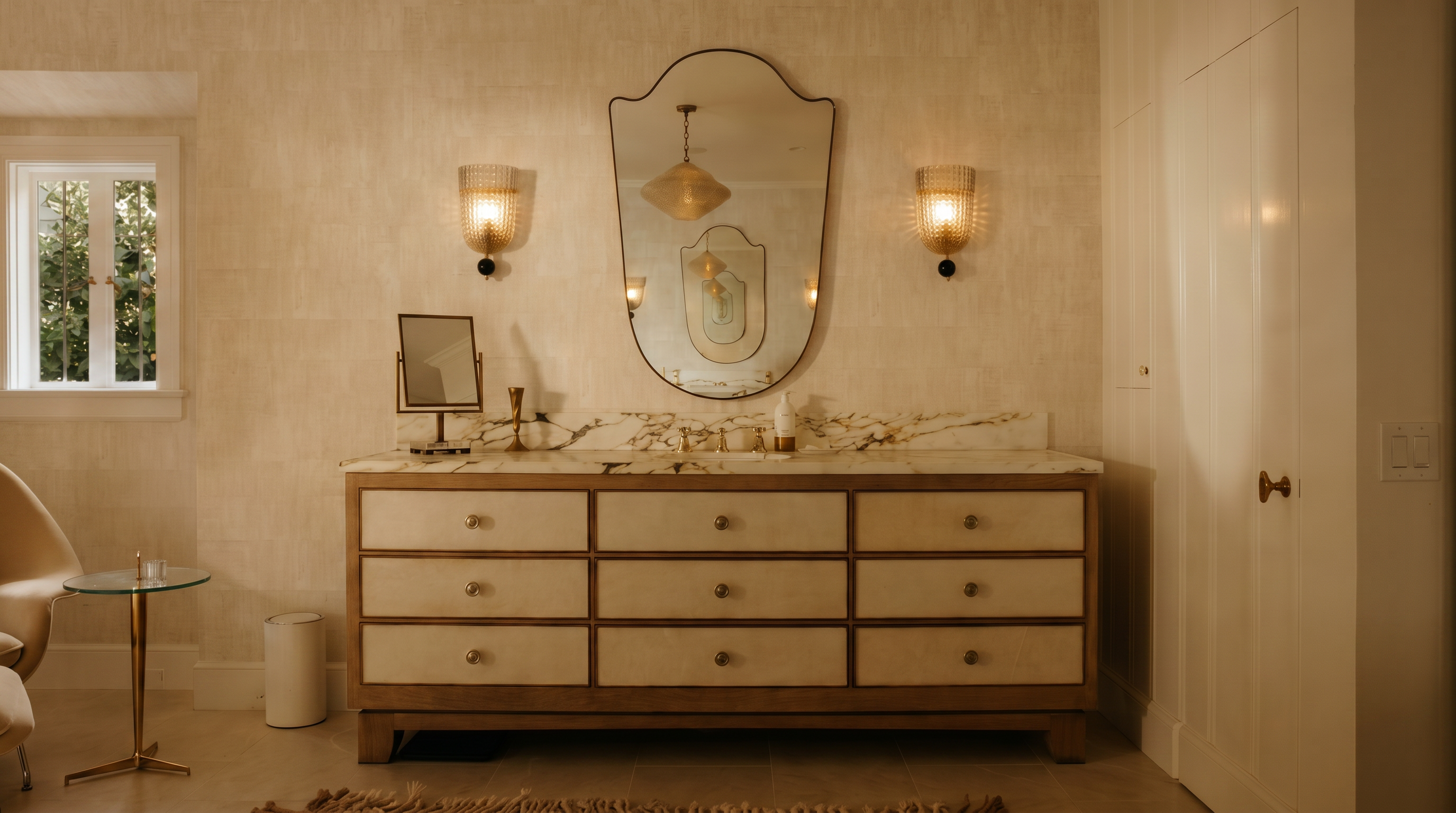 This elegant primary bathroom features a custom wooden vanity with a marble countertop and nine drawers, centered beneath a uniquely shaped wall mirror. Flanked by two sophisticated glass wall sconces, the space exudes a warm, refined atmosphere with textured wallpaper and a neutral color palette. The perspective is a straight-on, eye-level shot that highlights the symmetry and high-end finishes of the vanity area.