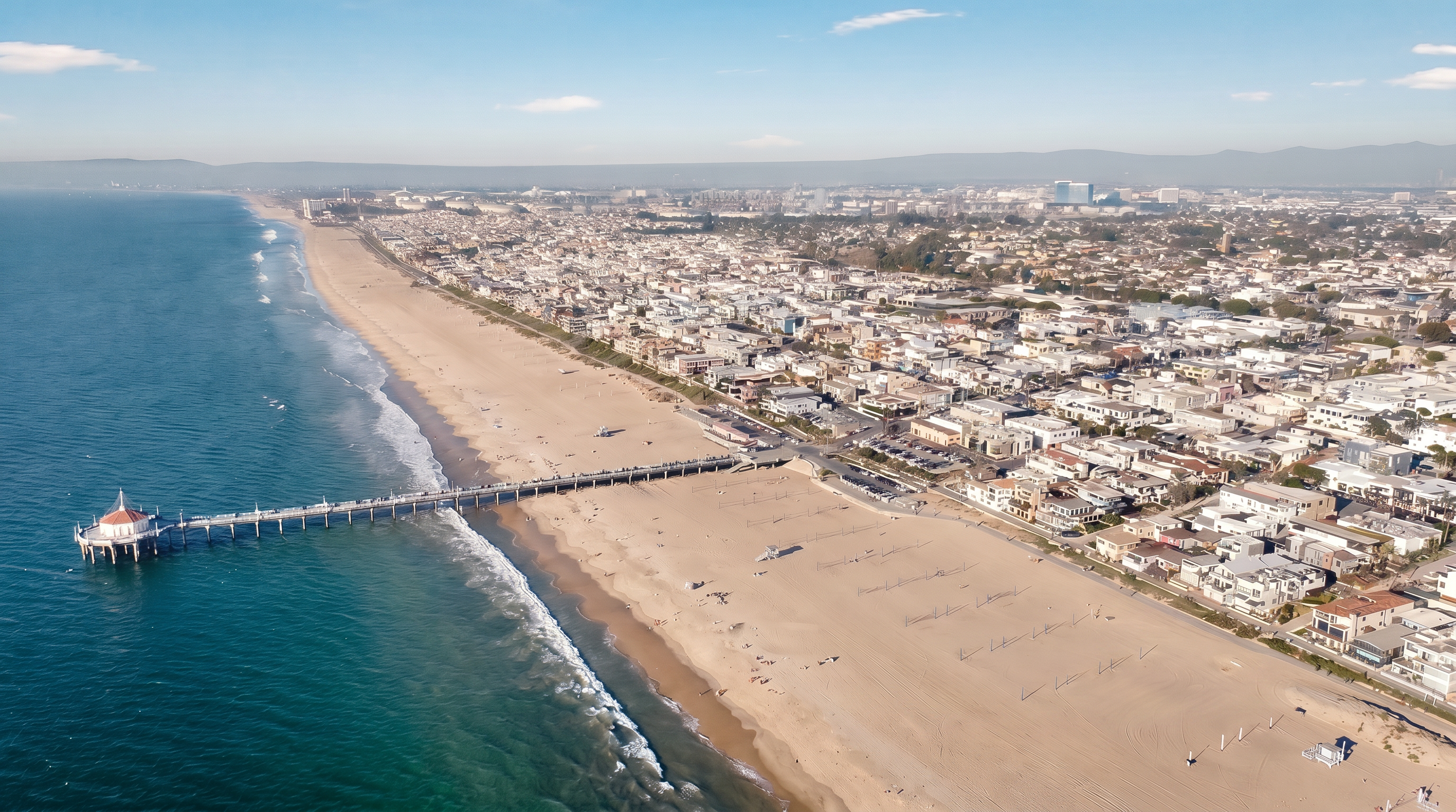 This high-altitude aerial perspective captures a sprawling coastal neighborhood situated directly along a sandy beach and the Pacific Ocean. A prominent pier extends into the water on the left, while a white location pin highlights a specific property within the dense residential grid. The scene offers a clear view of the urban layout, the expansive shoreline, and the surrounding coastal landscape under a bright, clear sky.