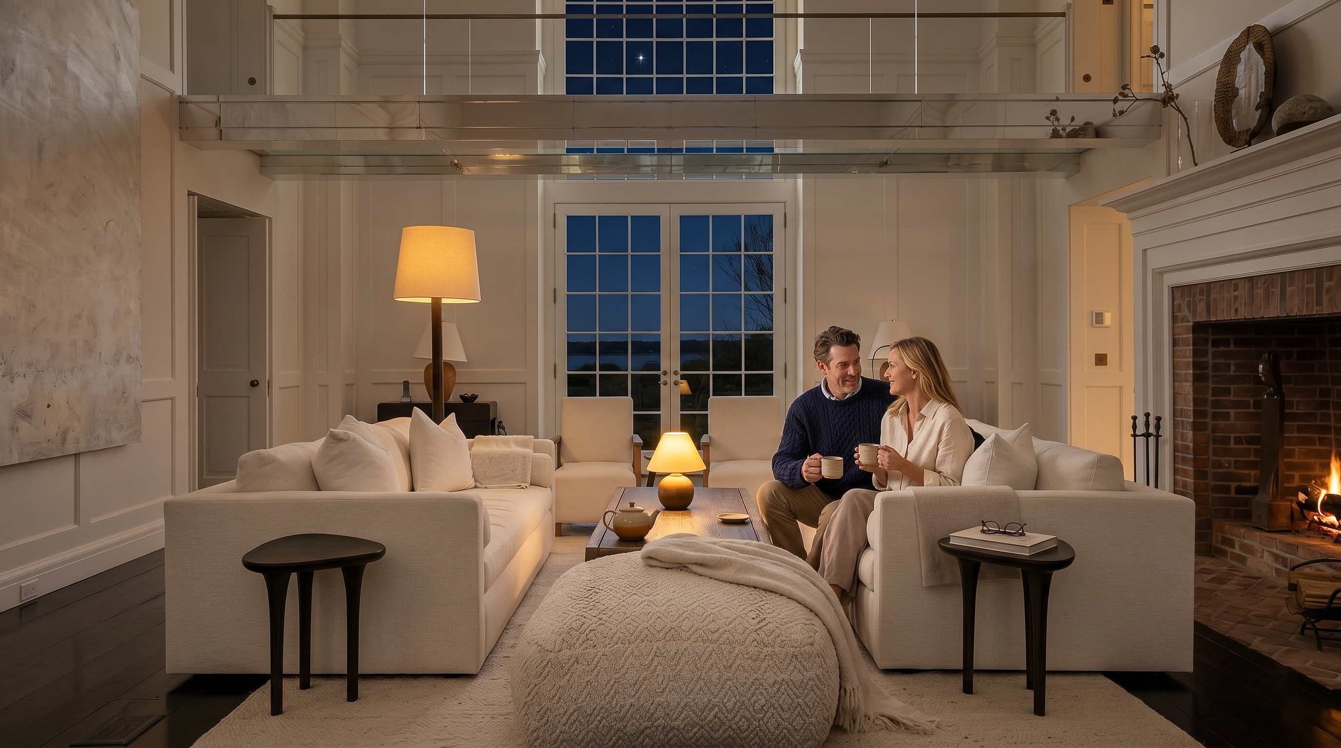 This expansive, double-height living room features a sophisticated, symmetrical layout with white sofas arranged around a unique, organic-shaped wood coffee table. The space is anchored by a brick fireplace with a traditional mantel and is illuminated by large, multi-paned windows that offer a clear view of the outdoors. A mezzanine level with a glass railing overlooks the room, enhancing the airy, open-concept feel of this elegant, light-filled residence.
