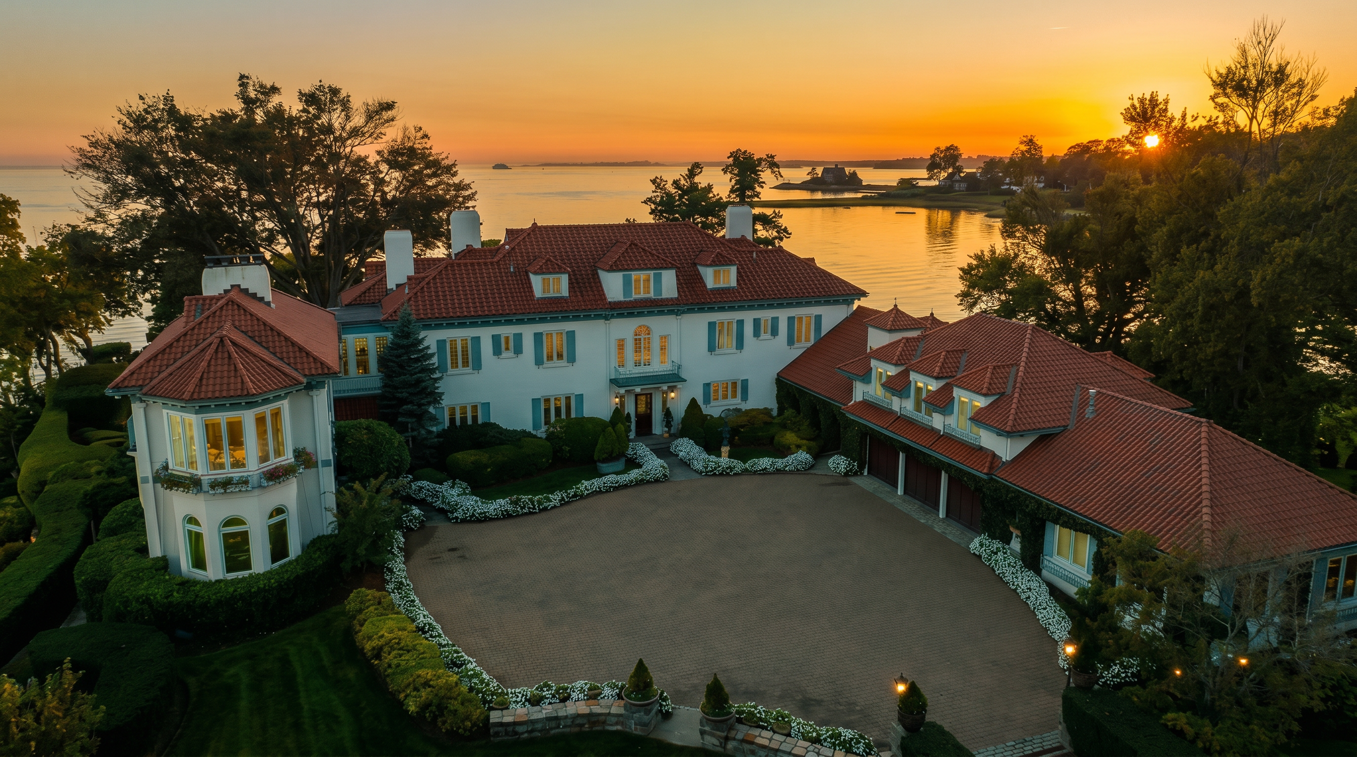 This stunning aerial view captures a grand Mediterranean-style estate at sunset, featuring a distinctive red tile roof and white stucco exterior. The property includes a large, circular paved motor court framed by manicured hedges and lush landscaping, with a multi-car garage wing to the right. The home is positioned beautifully against a backdrop of calm water and a vibrant orange horizon, creating an atmosphere of luxury and tranquility.