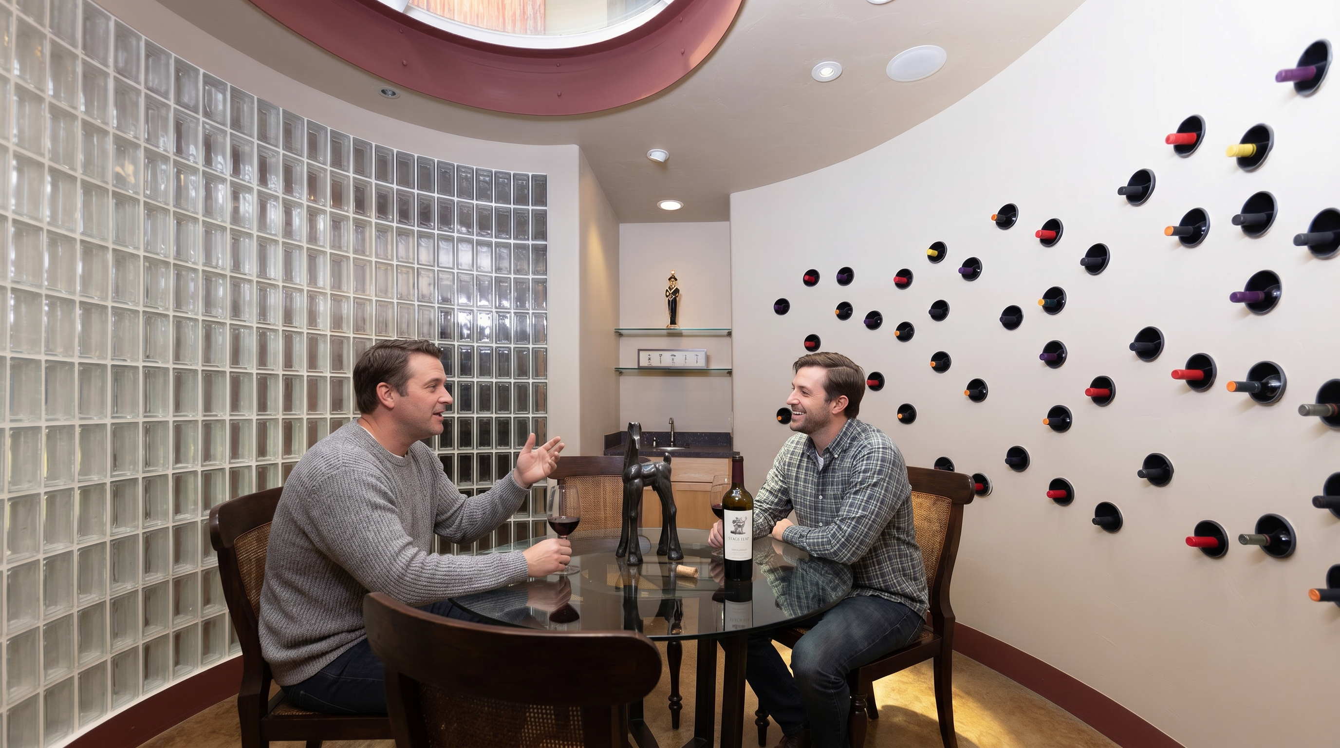 This unique, circular wine cellar features a curved wall lined with individual bottle racks and a striking glass block wall on the opposite side. A small bistro-style table with four chairs sits in the center, while a recessed wet bar area with shelving is tucked into the back corner. The space is illuminated by a circular skylight above, creating a sophisticated and intimate atmosphere for wine tasting.