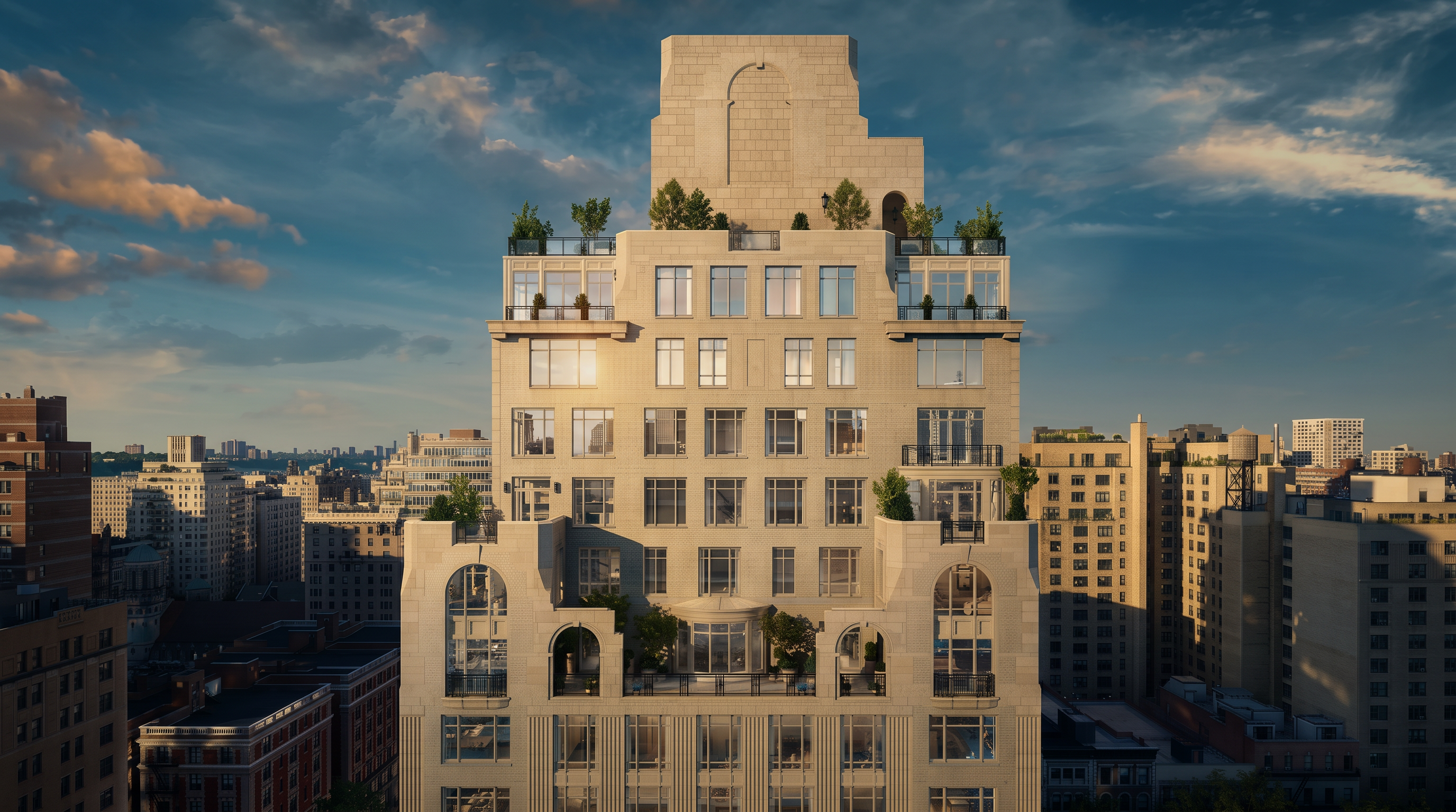 This image presents a head-on, eye-level perspective of a sophisticated, light-colored stone residential building in an urban setting. The architecture features a stepped-back design with multiple terraces, arched window details, and lush greenery integrated into the upper levels. The composition captures the building's symmetrical facade against a clear blue sky, emphasizing its grand scale and elegant, classic aesthetic.