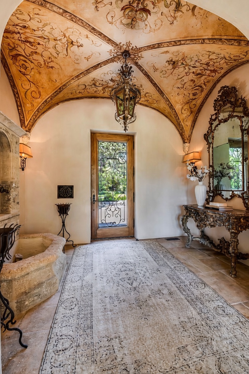 This grand entryway features a dramatic vaulted ceiling adorned with intricate, hand-painted frescoes and a central ornate metal chandelier. A stone fountain sits to the left, while a decorative console table with a large, elaborate mirror anchors the right wall. The space is finished with a long, patterned area rug over stone flooring, leading toward a heavy wooden door with detailed ironwork.