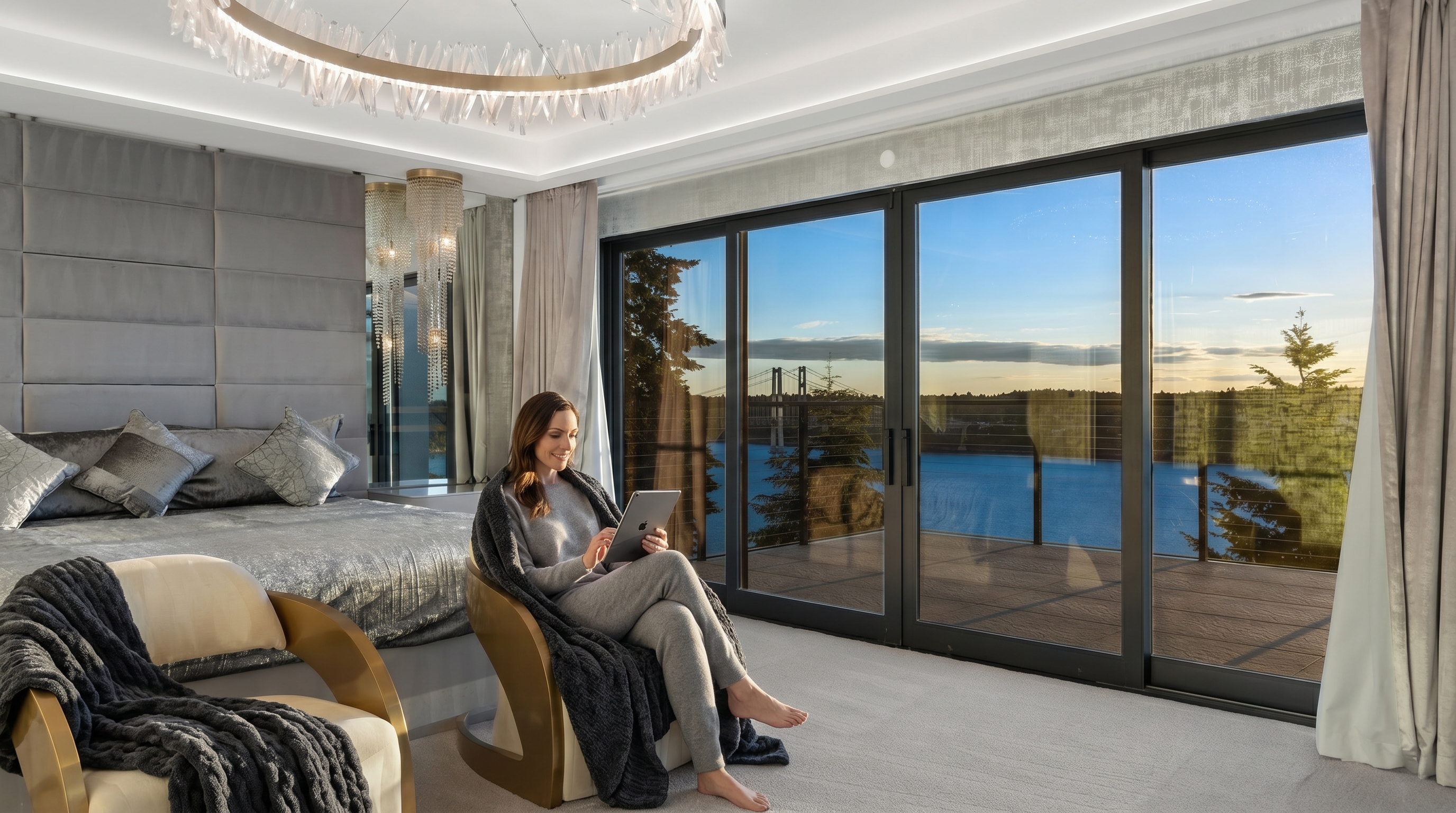 This luxurious primary bedroom features a sophisticated design with a plush bed, metallic-accented chairs, and a striking crystal chandelier. Large sliding glass doors provide an expansive view of the water and a distant bridge, seamlessly connecting the interior space to the outdoor deck. The room is characterized by its elegant, modern aesthetic and serene atmosphere, perfect for a high-end waterfront residence.