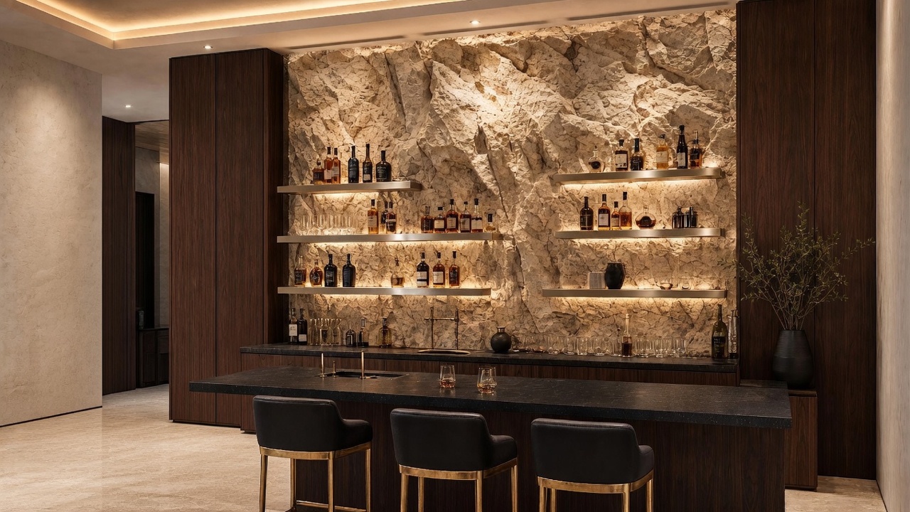 This sophisticated home bar area features a dramatic, textured stone accent wall illuminated by integrated lighting behind floating shelves. A long, dark countertop provides ample seating space with five modern bar stools, creating an ideal setting for entertaining. The dark wood cabinetry and warm ambient lighting contribute to a luxurious, high-end atmosphere.