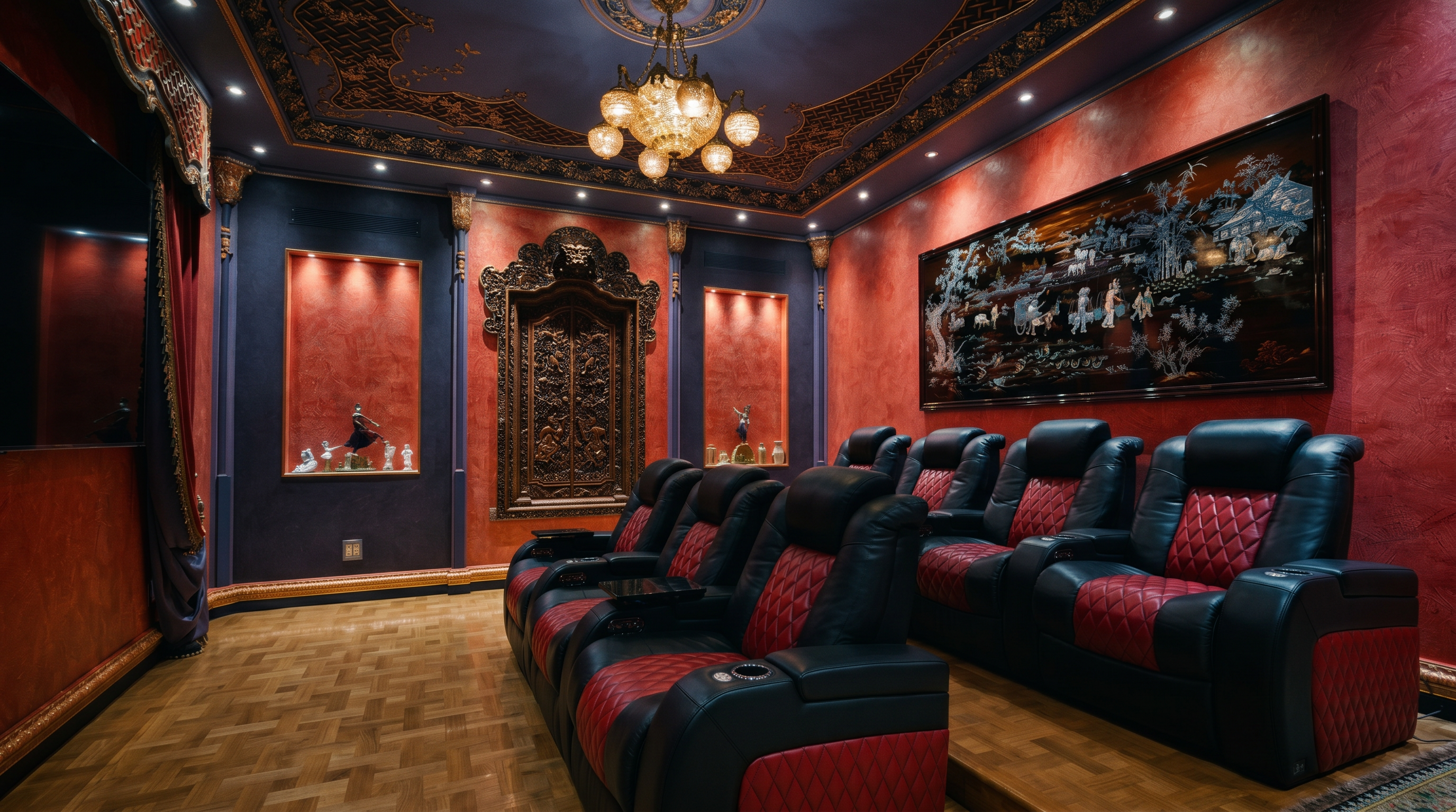 This opulent home theater room features a rich, red-themed decor with ornate ceiling molding, a crystal chandelier, and intricate wall carvings. The space is furnished with two rows of plush, diamond-stitched black and red leather reclining theater seats arranged on a tiered platform. The room exudes a luxurious, cinematic atmosphere, highlighted by warm accent lighting in recessed wall niches and a large, dark-framed decorative art piece.