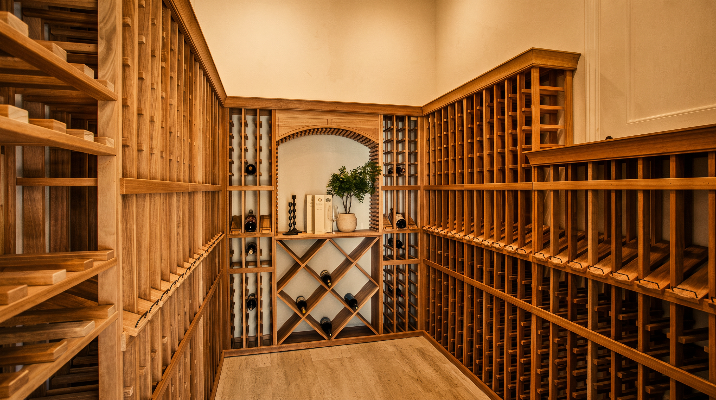 This custom-built wine cellar features extensive light wood racking systems designed for both individual bottle storage and diamond-bin displays. A central arched alcove provides a decorative focal point with a small shelf for display items and a potted plant, adding a touch of elegance to the space. The room is finished with light-toned flooring, creating a bright and organized environment for wine collection storage.