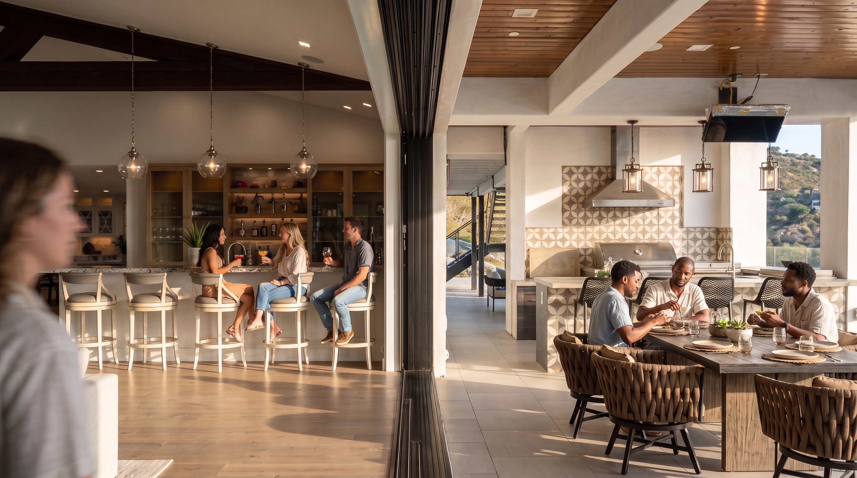 This stunning transition space features a seamless indoor-outdoor design, connecting a sophisticated indoor bar area with a fully equipped outdoor kitchen. The indoor section showcases rustic wood beams, light hardwood flooring, and elegant pendant lighting, while the outdoor patio boasts geometric patterned tile work and durable modern bar seating. The expansive sliding glass doors highlight a luxurious, airy layout perfect for entertaining and enjoying scenic views.