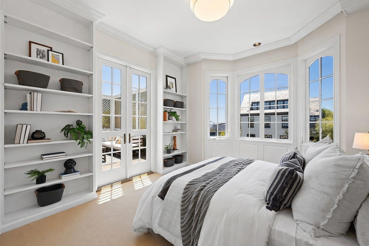 This bright and airy bedroom features a neutral color palette, plush bedding, and built-in shelving units flanking a set of French doors that lead to an outdoor space. A large bay window configuration allows for ample natural light, creating a serene and inviting atmosphere. The room is accented by a textured throw blanket and decorative items on the shelves, emphasizing a clean, organized, and comfortable living space.