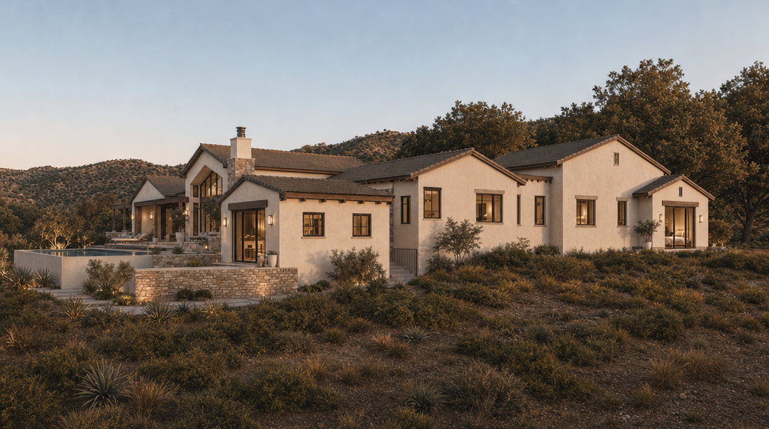 This stunning Mediterranean-inspired estate features a sprawling single-story layout with smooth stucco walls, dark window frames, and natural stone accents. The residence seamlessly integrates with its desert landscape, showcasing a private swimming pool, a spacious stone patio, and integrated landscape lighting that enhances the golden hour glow. The property exudes luxury and tranquility, perfectly positioned against a backdrop of rolling hills and mature trees.