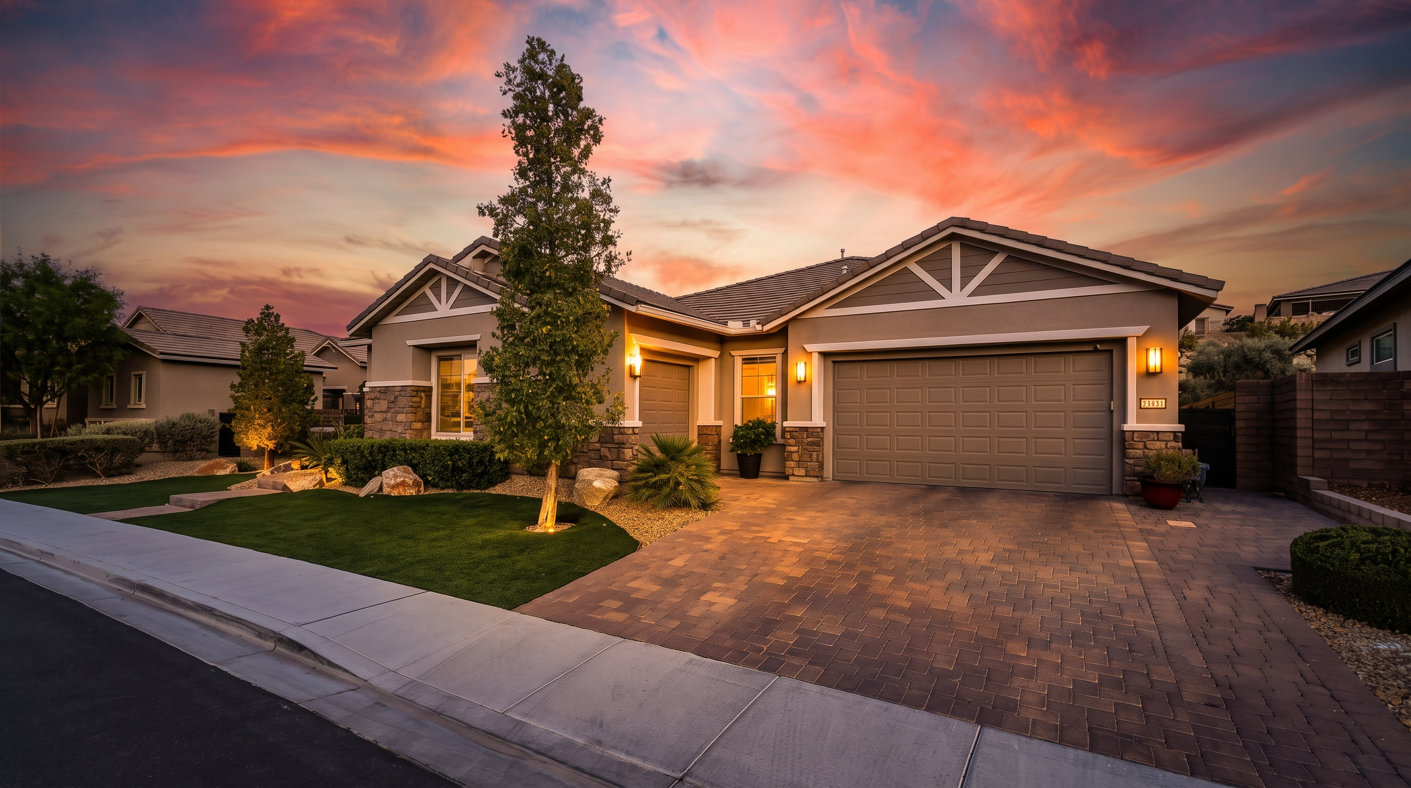 This is a beautiful, single-story suburban home featuring a clean, stucco and stone facade with an attached three-car garage. The front yard is neatly landscaped with a manicured lawn, shrubs, and a decorative tree, complemented by a paved driveway. Captured at twilight, the home is illuminated by warm accent lighting, creating an inviting and well-maintained appearance.