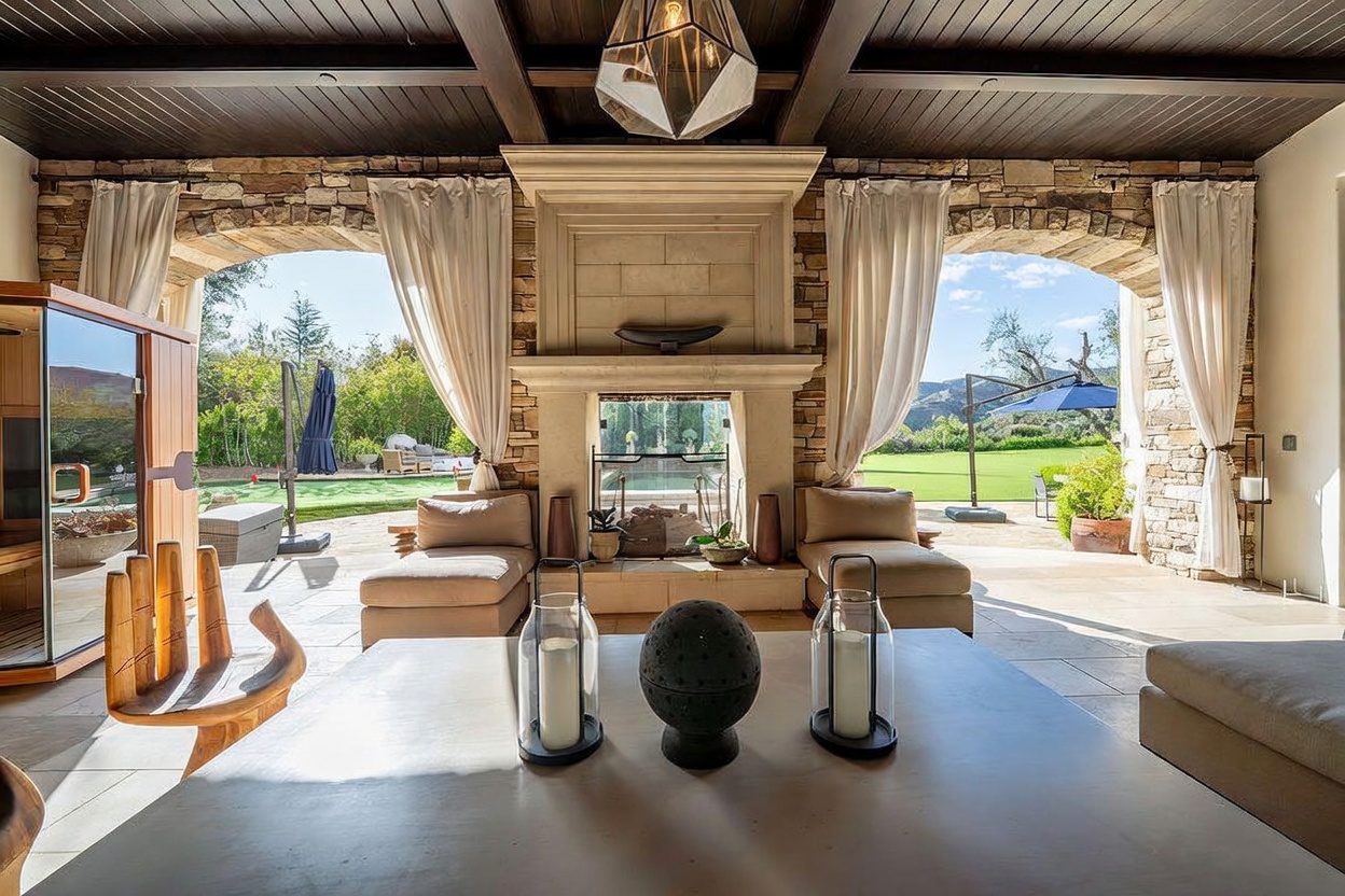 This covered outdoor living space features a central stone-clad fireplace and symmetrical arched openings that frame views of the expansive backyard. The area is furnished with comfortable lounge seating, a central coffee table with decorative lanterns, and a sauna unit to the left. The space blends rustic stone elements with a refined, open-air design, creating a seamless transition between the indoor and outdoor environments.