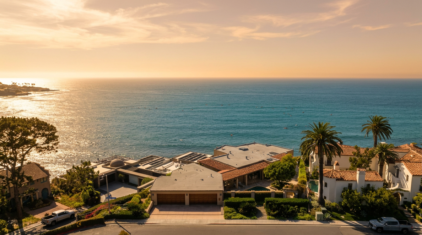This high-angle aerial shot captures a stunning coastal property featuring multiple luxury residences with terracotta-tiled roofs and modern architectural elements. The homes are situated directly above a serene blue ocean, where numerous kayakers can be seen paddling in the calm water. The scene emphasizes the prime waterfront location, showcasing a seamless blend of manicured landscaping, private driveways, and expansive ocean views.