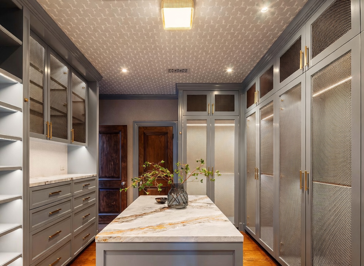 This luxurious walk-in closet features custom grey cabinetry with mesh-fronted doors and gold hardware, providing an elegant and organized storage solution. A central island with a stone countertop serves as a focal point, complemented by patterned wallpaper on the ceiling and warm recessed lighting. The space is framed by dark wood doors, creating a sophisticated and high-end atmosphere.
