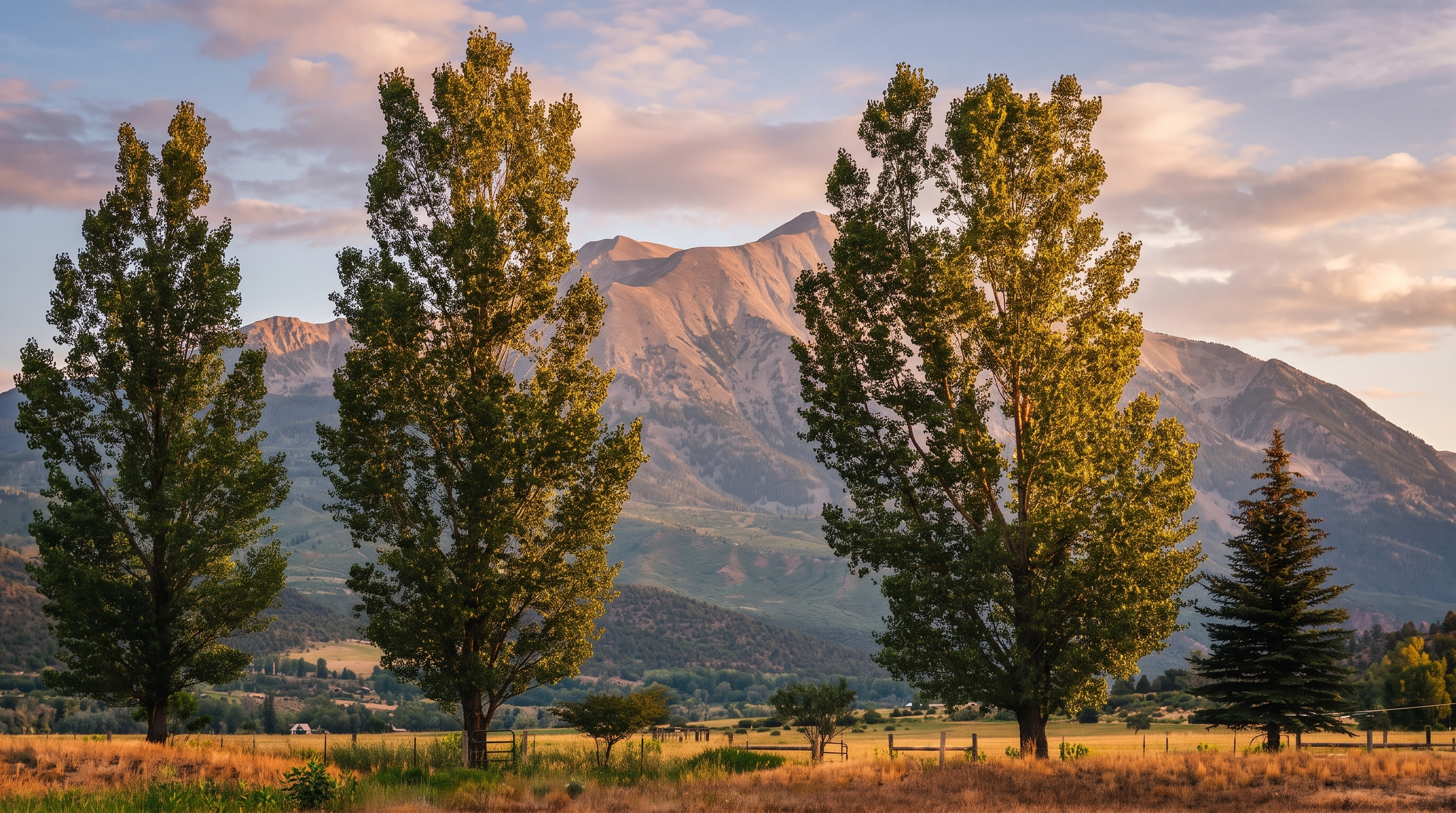 This scenic rural property features a vast, open field framed by mature, tall deciduous trees and a single conifer, providing a classic countryside aesthetic. The expansive foreground leads the eye toward a breathtaking mountain range, suggesting a tranquil and picturesque setting ideal for country living. The open space and dramatic natural backdrop are key features that offer significant appeal for buyers seeking privacy, mountain views, and land.