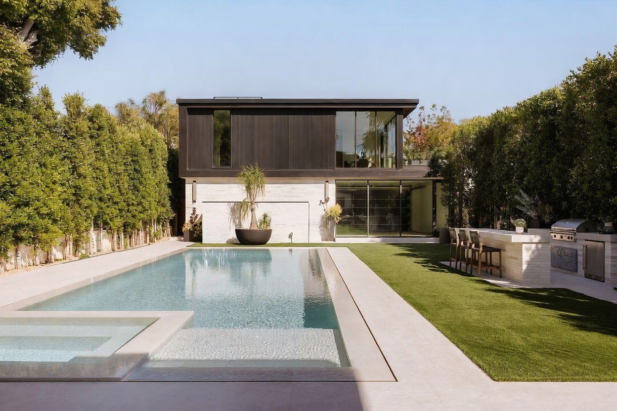 This modern backyard features a rectangular swimming pool with a built-in spa, set against a backdrop of a two-story home with a dark, vertically-paneled upper level and a light-colored stone lower level. A manicured lawn area includes an outdoor kitchen with a stone-topped bar and seating, all framed by tall, dense hedges that provide privacy. The perspective is a wide, eye-level shot capturing the seamless transition between the pool deck, the green space, and the contemporary architecture.