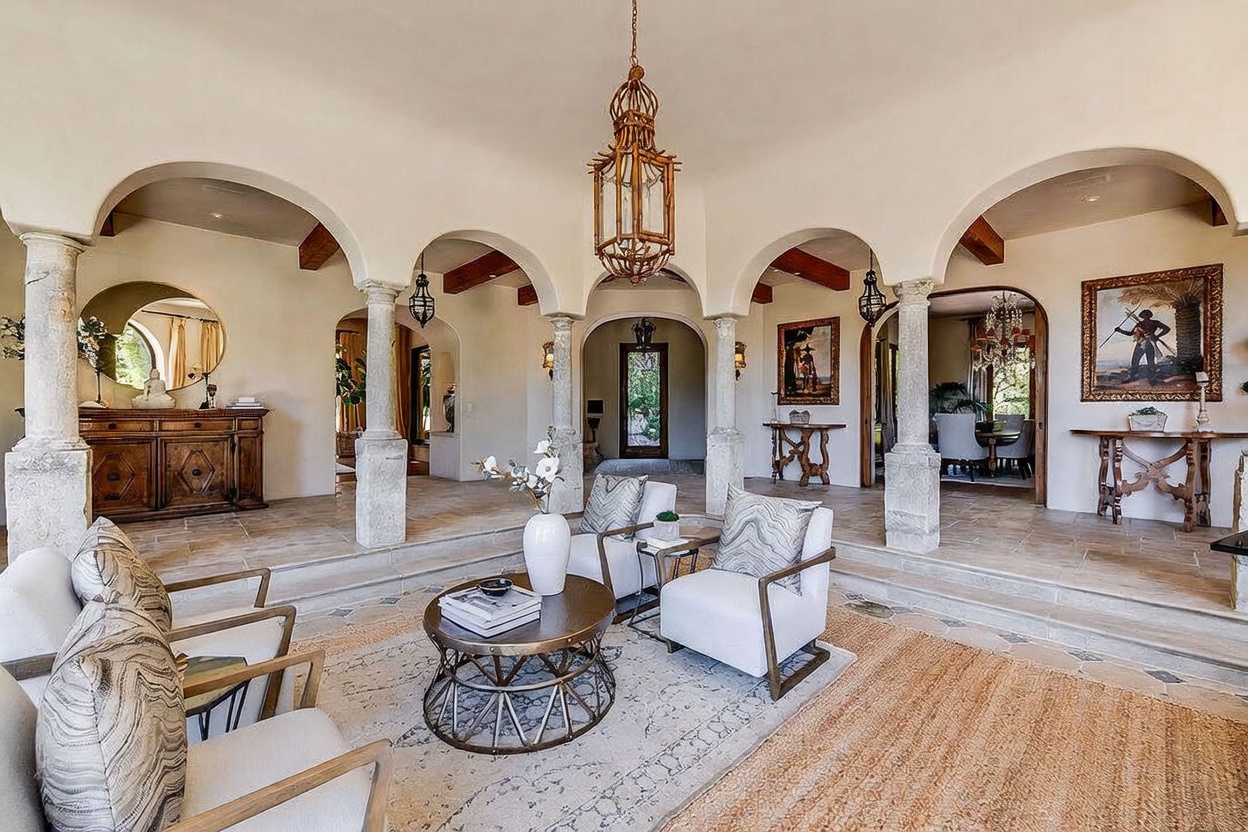 This elegant living room features a Mediterranean-inspired design with arched openings supported by stone columns that frame the space. The room is furnished with light-colored armchairs and a central round coffee table, all set upon a textured area rug over stone flooring. A prominent decorative lantern hangs from the ceiling, and the neutral color palette creates a sophisticated and airy atmosphere.