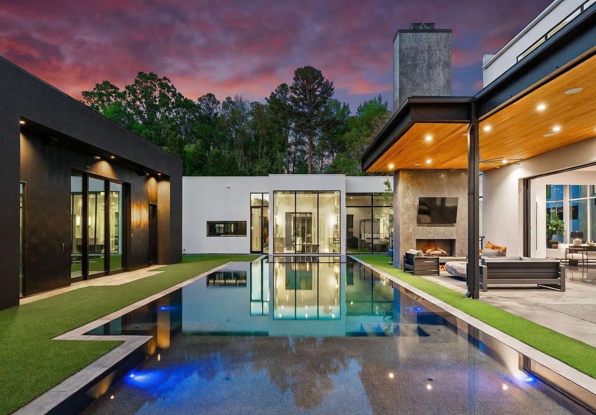 This modern luxury residence features a sleek, rectangular swimming pool as the centerpiece of a private courtyard. The architecture showcases a striking contrast between dark, vertical-paneled siding and crisp white walls, complemented by a covered outdoor living area with a stone-clad chimney breast and integrated fireplace. The scene is captured at dusk, with the warm glow of interior lighting and pool lights reflecting off the water against a dramatic sunset sky.