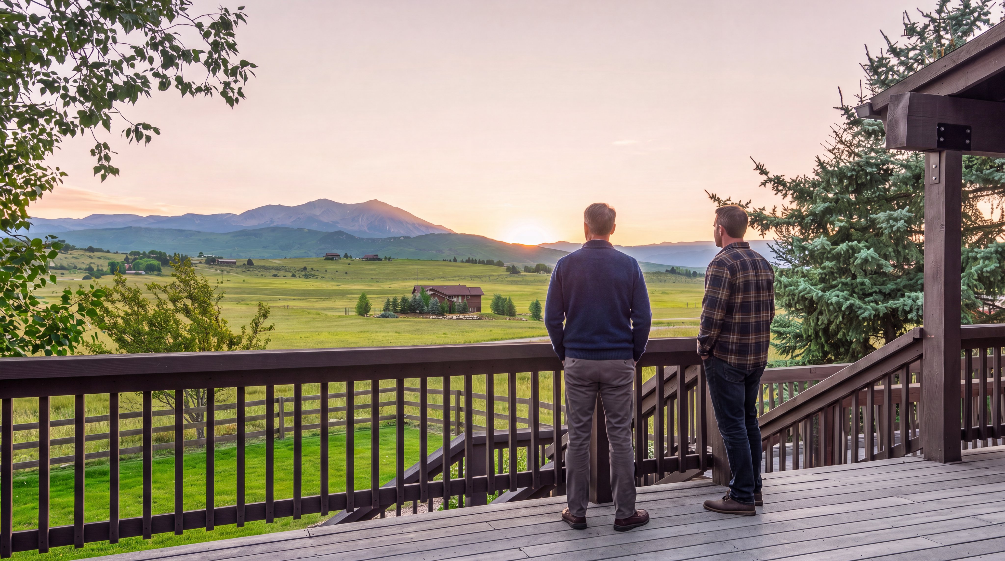 This image presents a spacious, elevated wooden deck that offers breathtaking, panoramic views of a vast, golden-hued field and distant mountain ranges under a clear, bright blue sky. The deck features sturdy, dark wood railings and stairs, creating a rustic and inviting outdoor space perfect for enjoying the peaceful, natural surroundings. The open landscape provides a sense of privacy and tranquility, highlighting the home's scenic location.