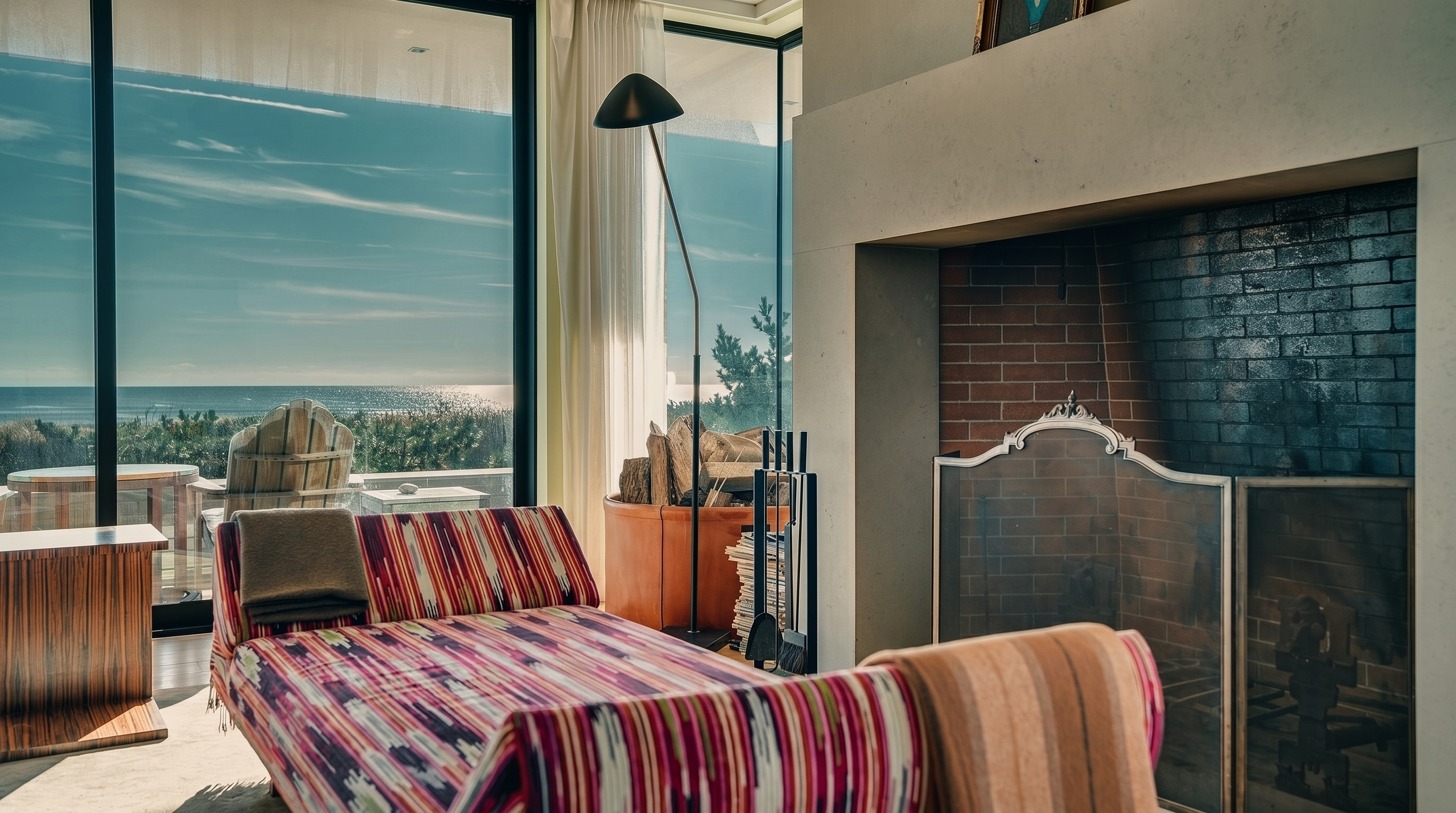 This living space features a vibrant, patterned chaise lounge positioned near a large fireplace with a tall, light-colored stone surround and a dark brick firebox. To the left, expansive glass walls provide an unobstructed view of the ocean and a private patio with outdoor seating. A sleek, modern floor lamp and a cylindrical wood storage bin add functional, minimalist accents to the room's sophisticated, coastal-inspired aesthetic.