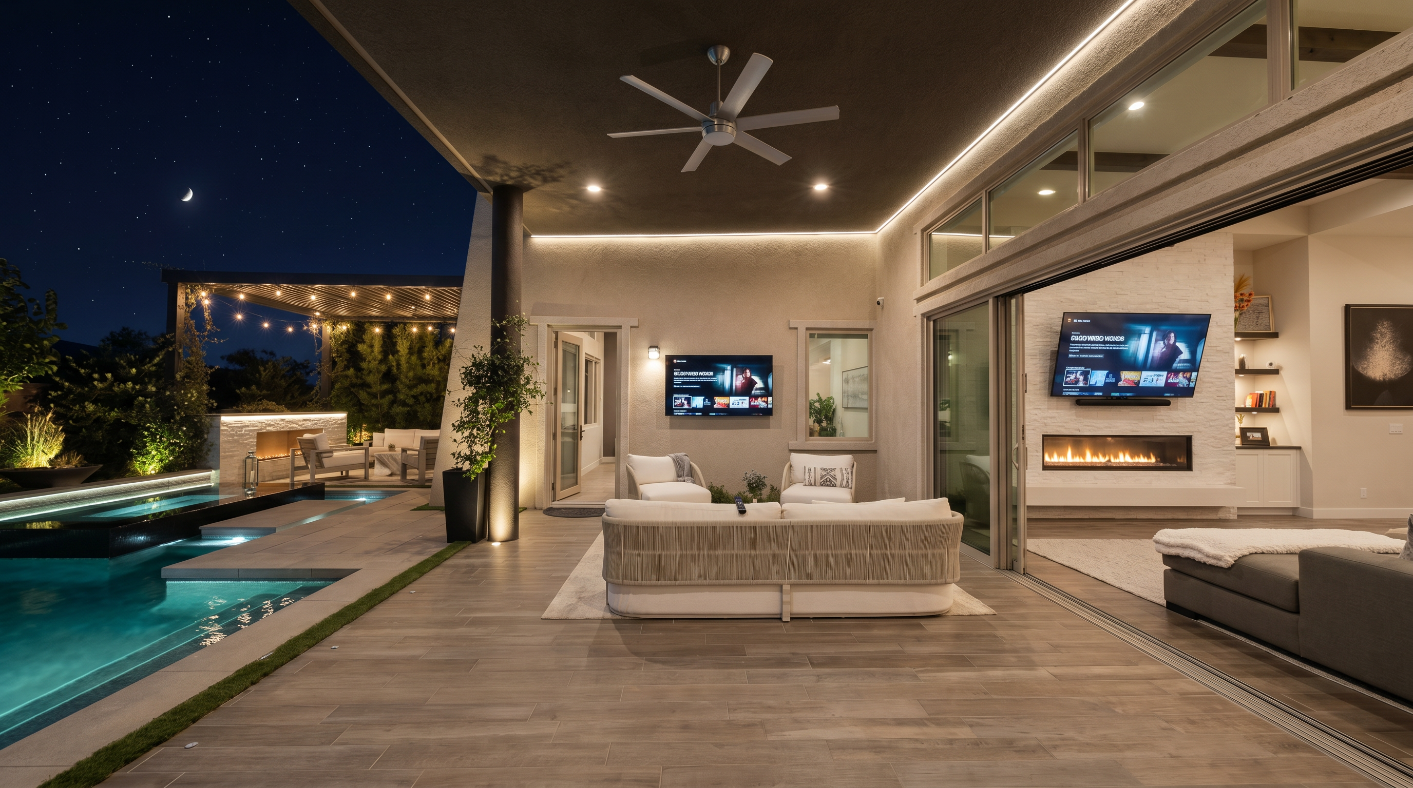 This expansive covered patio features wood-look tile flooring and a seamless transition to the interior living space through large sliding glass doors. The area is furnished with a comfortable white sofa and chairs, complemented by a ceiling fan and a wall-mounted television. To the left, a sleek swimming pool and a modern outdoor lounge area with a fire feature create a sophisticated, resort-style atmosphere.
