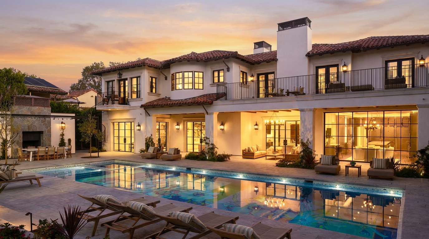 This luxurious Mediterranean-style estate features a sprawling rear exterior with a large swimming pool as the focal point. The home showcases a white stucco facade, a red-tiled roof, and extensive outdoor living spaces, including a covered patio and an upper-level balcony with iron railings. The scene is captured at dusk, with warm interior lighting glowing through large windows and glass doors, creating an inviting and sophisticated atmosphere.
