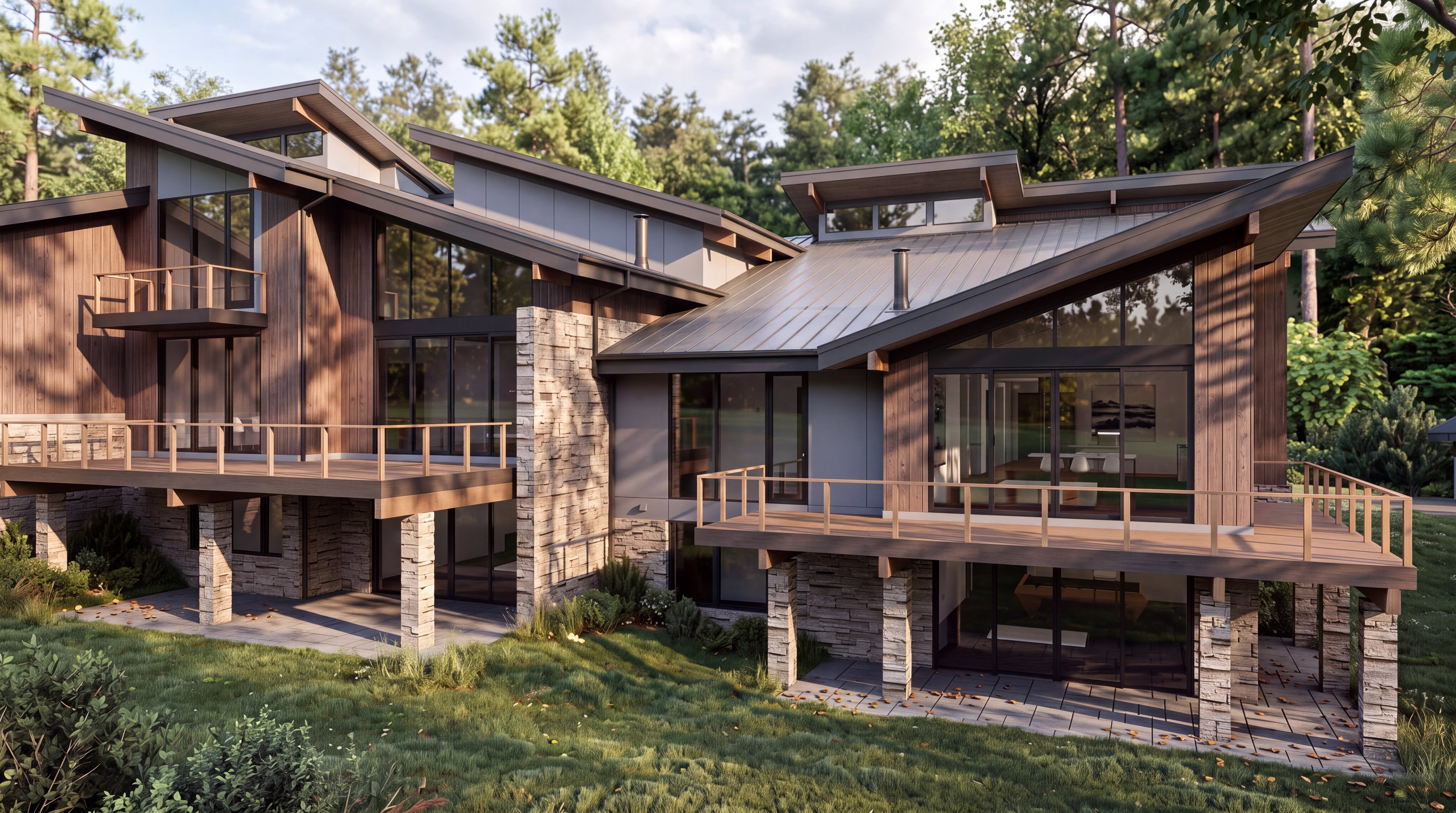 This modern architectural rendering showcases the rear elevation of a multi-level luxury residence set against a grassy landscape. The design features a sophisticated mix of stone masonry, vertical wood siding, and expansive glass walls, complemented by multiple elevated wooden decks and lower-level stone patios. The structure is defined by its dramatic, multi-pitched rooflines and large windows that create a seamless connection between the indoor and outdoor living spaces.