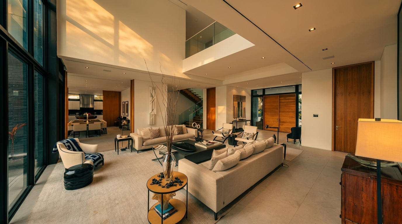 This expansive, open-concept living area features a double-height ceiling and a wall of floor-to-ceiling windows that flood the space with natural light. The room is furnished with two large, neutral-toned sofas, a central coffee table, and a pair of accent chairs, creating a sophisticated and airy atmosphere. A staircase with glass railings is visible in the background, leading to an upper landing, while the adjacent dining area and kitchen maintain the home's modern, minimalist aesthetic.