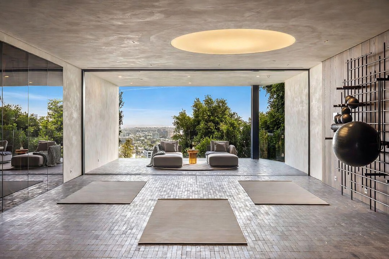 This sophisticated home gym features a minimalist, open-concept design with a seamless transition to an outdoor terrace overlooking a sprawling city view. The space is equipped with a wall-mounted fitness rack, a large exercise ball, and three yoga mats arranged on a textured stone floor, all illuminated by a large, circular recessed ceiling light. The combination of floor-to-ceiling glass walls and neutral, earthy tones creates a serene and luxurious atmosphere perfect for wellness activities.