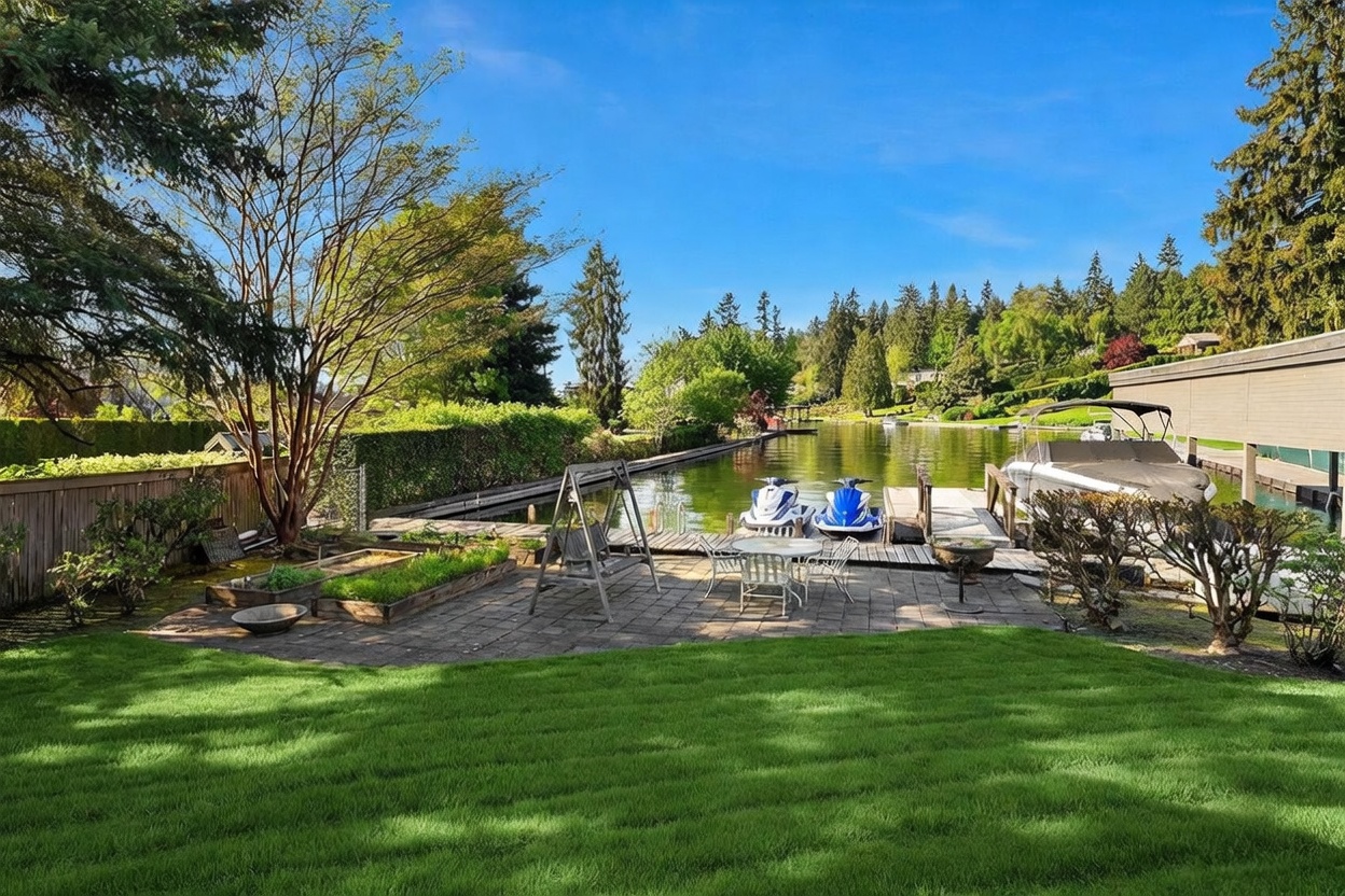 This serene waterfront backyard features a well-manicured lawn leading to a stone-paved patio equipped with a swing and outdoor dining set. A private dock extends into the calm water, hosting two jet skis and a covered boat slip, all framed by lush green trees and a privacy hedge. The perspective captures a peaceful, sunny day, highlighting the property's direct access to the water and its inviting outdoor living space.