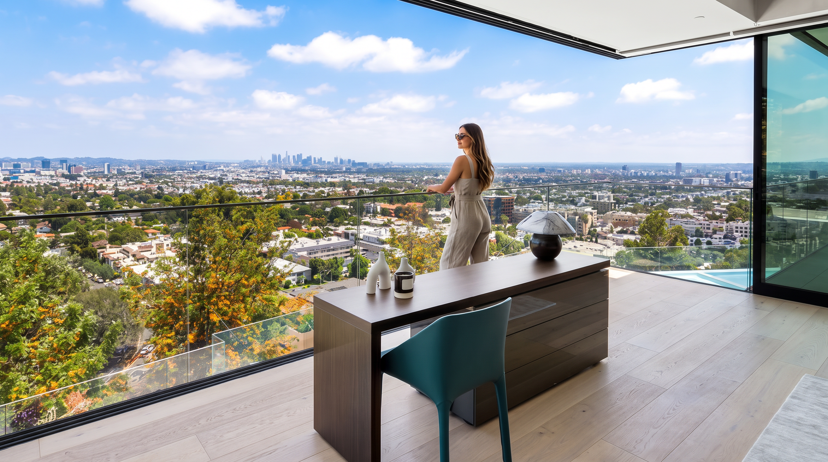 This modern, open-concept office space features a sleek, dark wood desk and a contemporary blue chair, seamlessly integrated with a spacious balcony overlooking a breathtaking panoramic city view. The room is characterized by expansive glass walls that blur the line between indoor and outdoor living, providing an inspiring environment. A person standing on the balcony emphasizes the luxurious, high-altitude appeal and the seamless transition to the outdoors.
