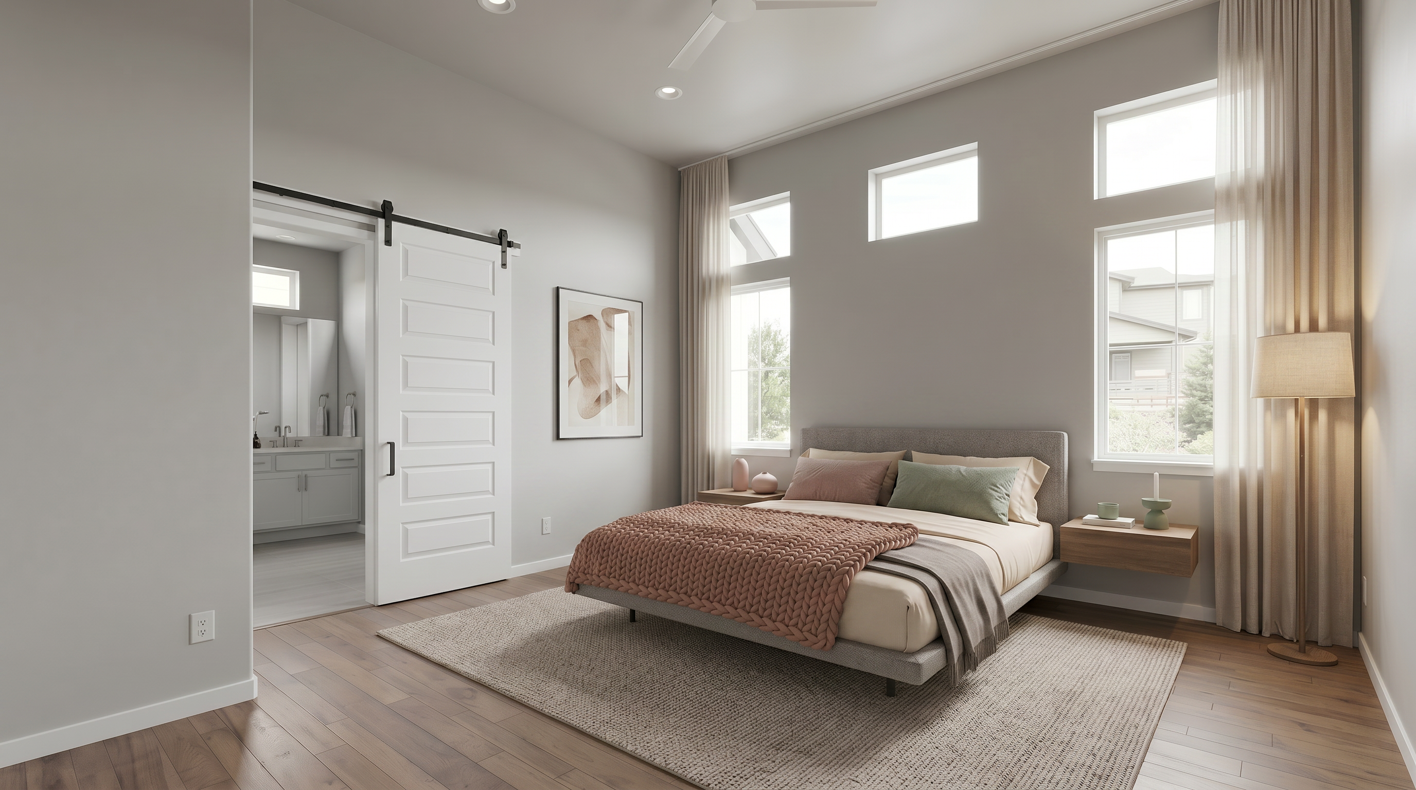 This bright, modern bedroom features high ceilings with a minimalist ceiling fan and wide-plank hardwood flooring throughout. A stylish sliding barn door provides access to an ensuite bathroom, while large, multi-level windows fitted with plantation shutters fill the space with natural light. The neutral color palette and clean lines create an airy, contemporary retreat.
