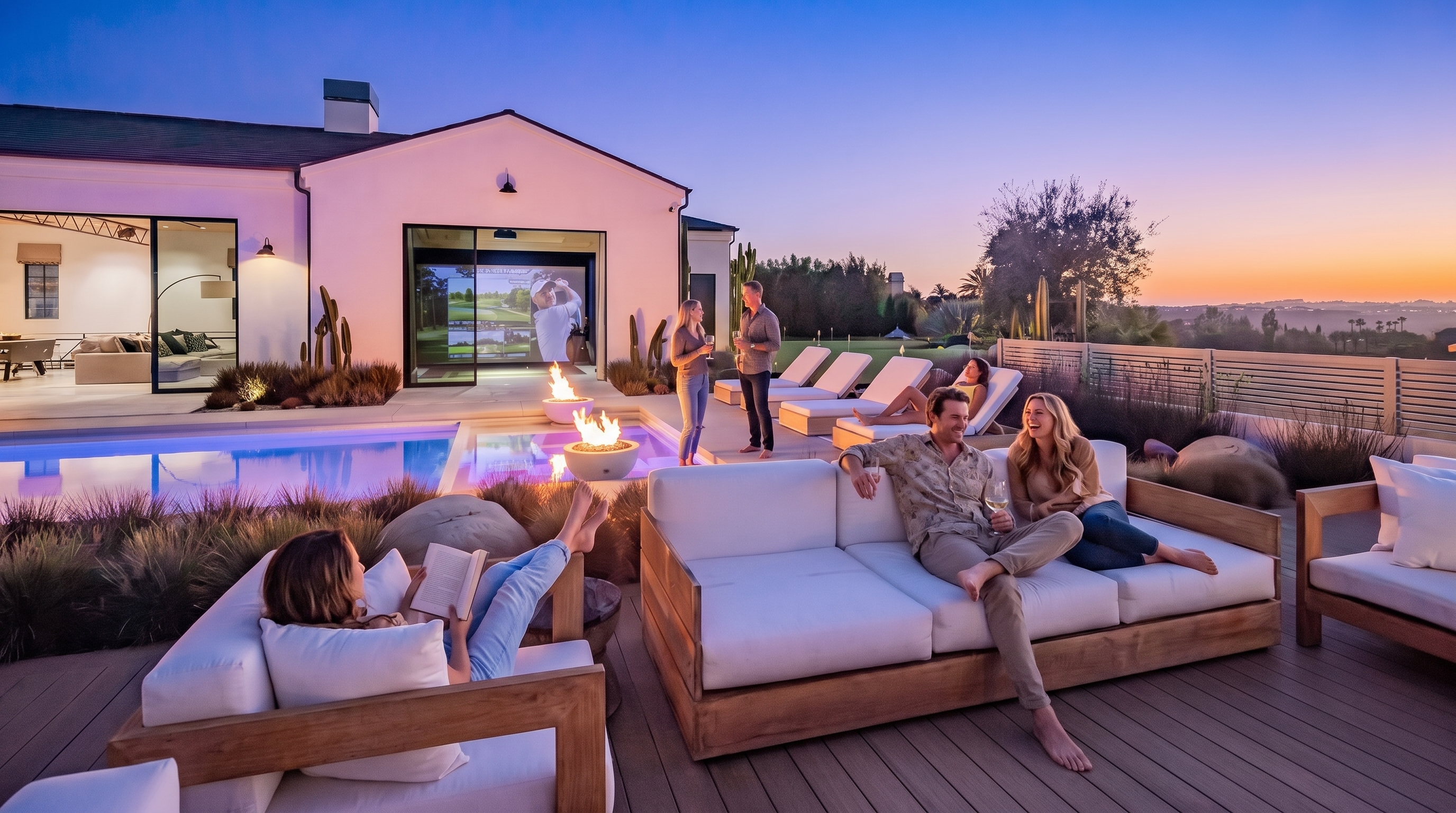 This luxurious outdoor living space features a sleek, rectangular swimming pool with an integrated fire feature, set against a backdrop of a modern home with a large indoor-outdoor golf simulator room. The deck is furnished with contemporary white lounge seating and wood-framed sofas, creating an inviting atmosphere for relaxation. The scene is captured at dusk, highlighting the warm glow of the fire and interior lighting against the soft colors of the sunset.
