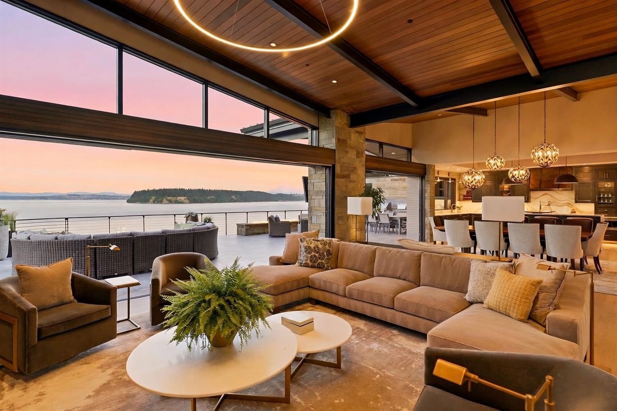 This expansive open-concept living area features a seamless transition to an outdoor deck through large sliding glass walls that frame a panoramic water view. The interior is anchored by a neutral-toned sectional sofa and a pair of round coffee tables, complemented by a warm wood-paneled ceiling with exposed beams. A stone-clad pillar adds texture to the space, which flows naturally into a dining area and kitchen illuminated by decorative pendant lights.