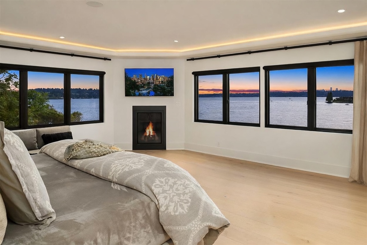 This primary bedroom features a serene, modern aesthetic with light wood flooring and a neutral color palette. A central fireplace with a black surround serves as a focal point between large windows that offer expansive, panoramic views of the water and distant city skyline. The room is furnished with a plush bed and a cozy, fur-covered rocking chair, creating a luxurious and tranquil retreat.