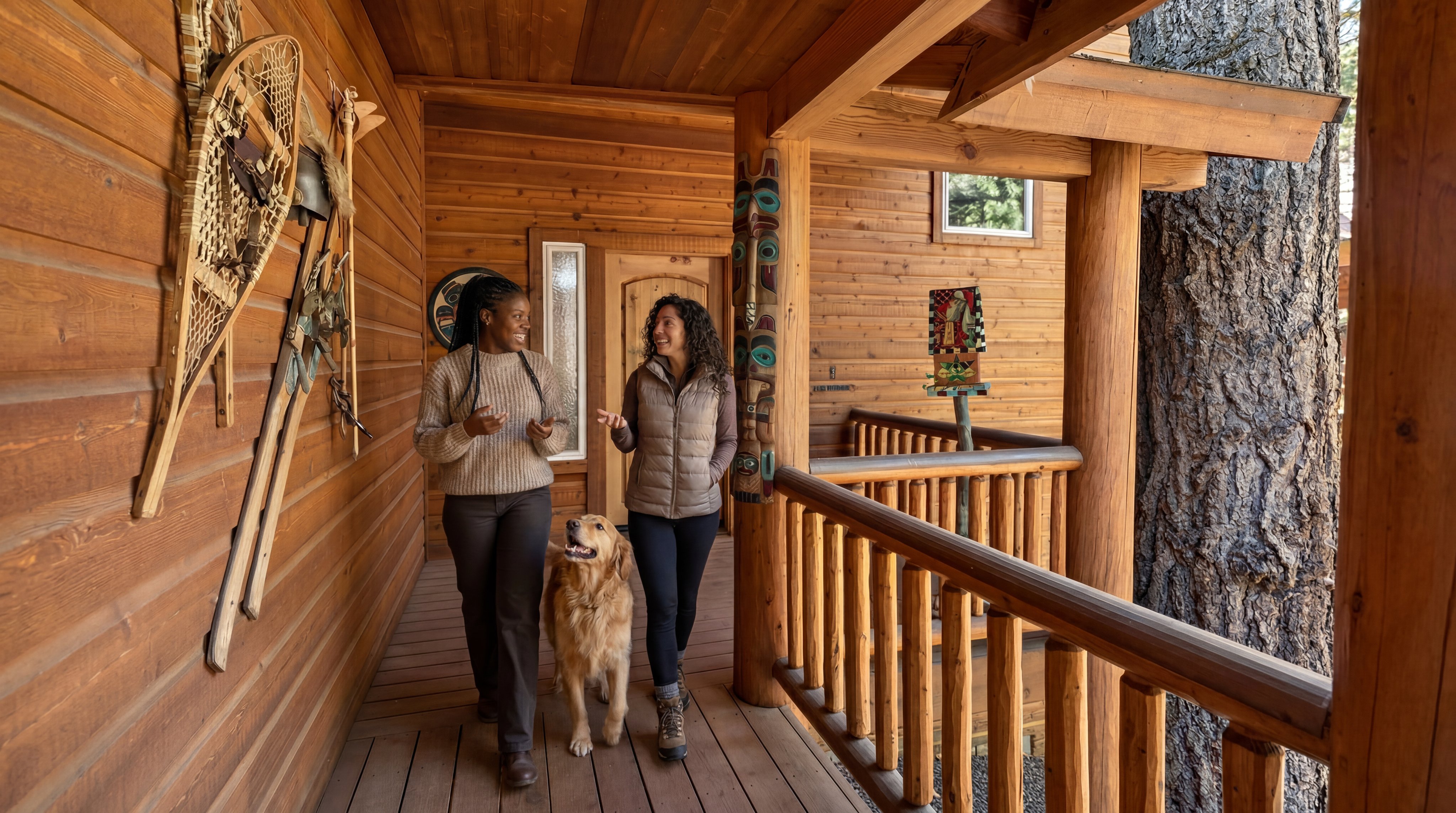 This rustic log cabin features a welcoming, expansive covered wooden porch, ideal for outdoor relaxation. The space is accented with authentic indigenous-inspired wall art and carvings, emphasizing a cozy, wilderness-lodge aesthetic. The elevated deck provides a perfect connection to the surrounding natural scenery and mature trees.