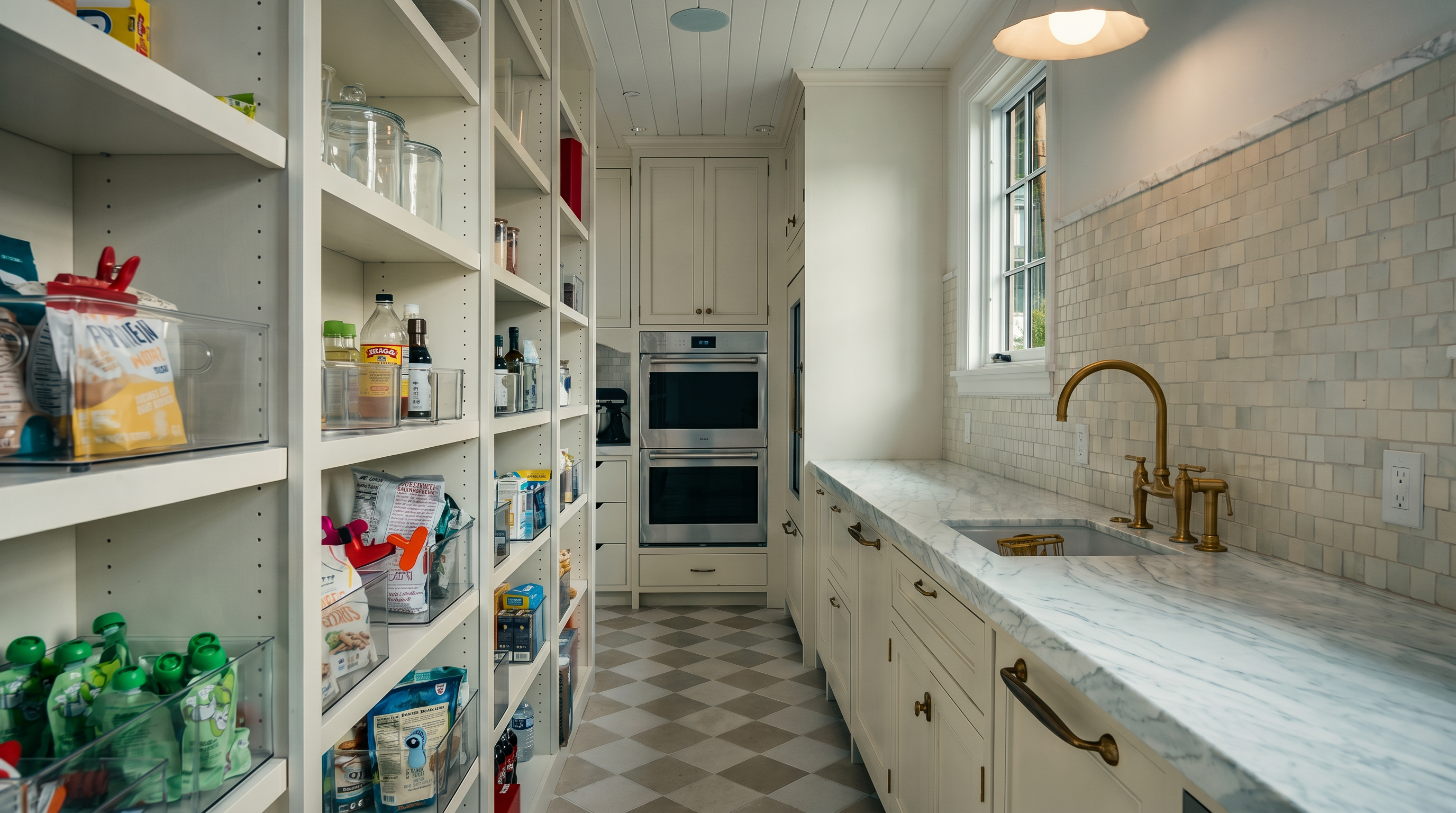 This elegant butler's pantry or secondary kitchen space features a long counter with a stone surface, a brass faucet, and a tiled backsplash. To the left, open shelving provides ample storage for pantry items, while a double wall oven is integrated into the cabinetry at the end of the galley-style layout. The room is finished with a classic checkered floor pattern and a light-colored wood ceiling, creating a bright and sophisticated atmosphere.