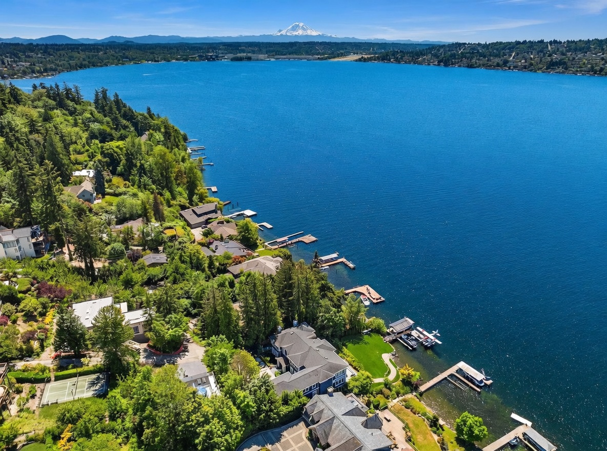 This stunning aerial perspective captures a luxurious waterfront estate nestled along a lush, tree-lined shoreline overlooking a vast, deep blue lake. The property features a private dock, a tennis court, and expansive multi-level residences, all set against the breathtaking backdrop of a snow-capped mountain peak under a clear sky. The scene conveys an atmosphere of exclusivity, tranquility, and high-end lakeside living.