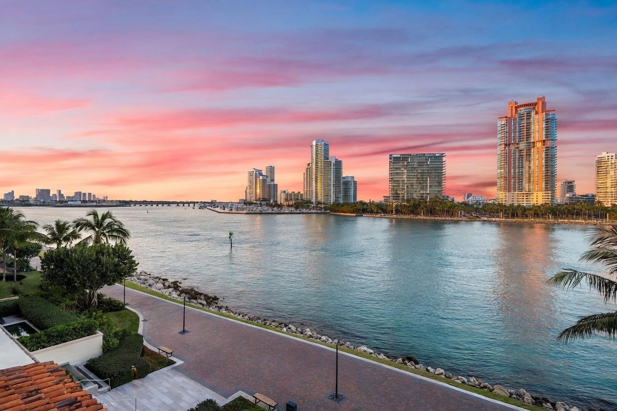 This elevated perspective captures a scenic waterfront view from a balcony, overlooking a paved walkway, lush greenery, and a calm bay. In the distance, a skyline of modern high-rise buildings is silhouetted against a vibrant, colorful sunset sky. The scene conveys a tranquil and luxurious coastal lifestyle, emphasizing the property's prime location and expansive water vistas.