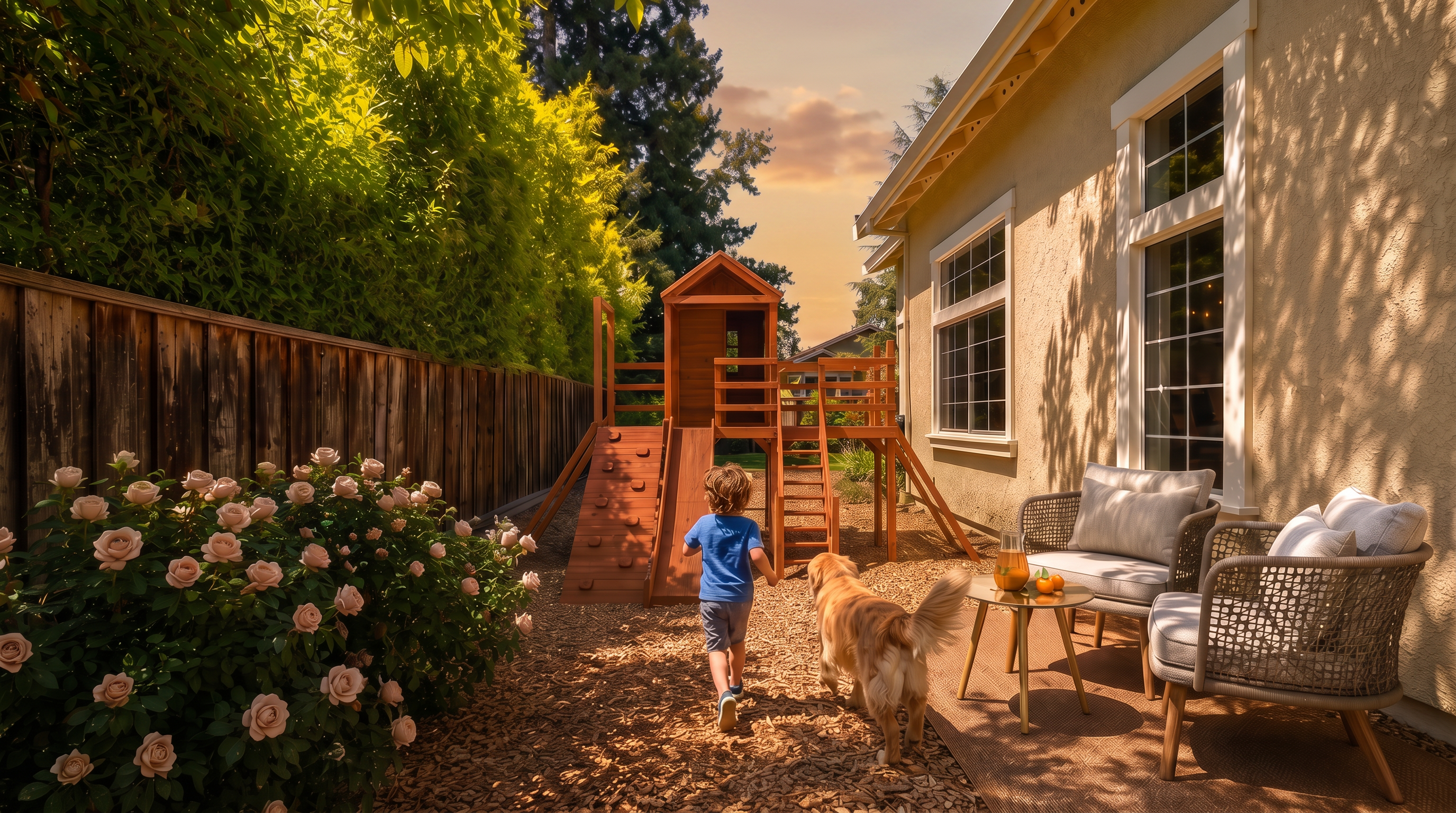 This inviting backyard features a well-maintained play structure set on a wood-chip ground cover, adjacent to a lush rose bush in full bloom. A cozy seating area with two woven chairs and a small bistro table sits on a rug near the house, creating a perfect spot for relaxation. The scene is framed by a tall wooden fence and mature trees, offering a private and family-friendly outdoor living space.