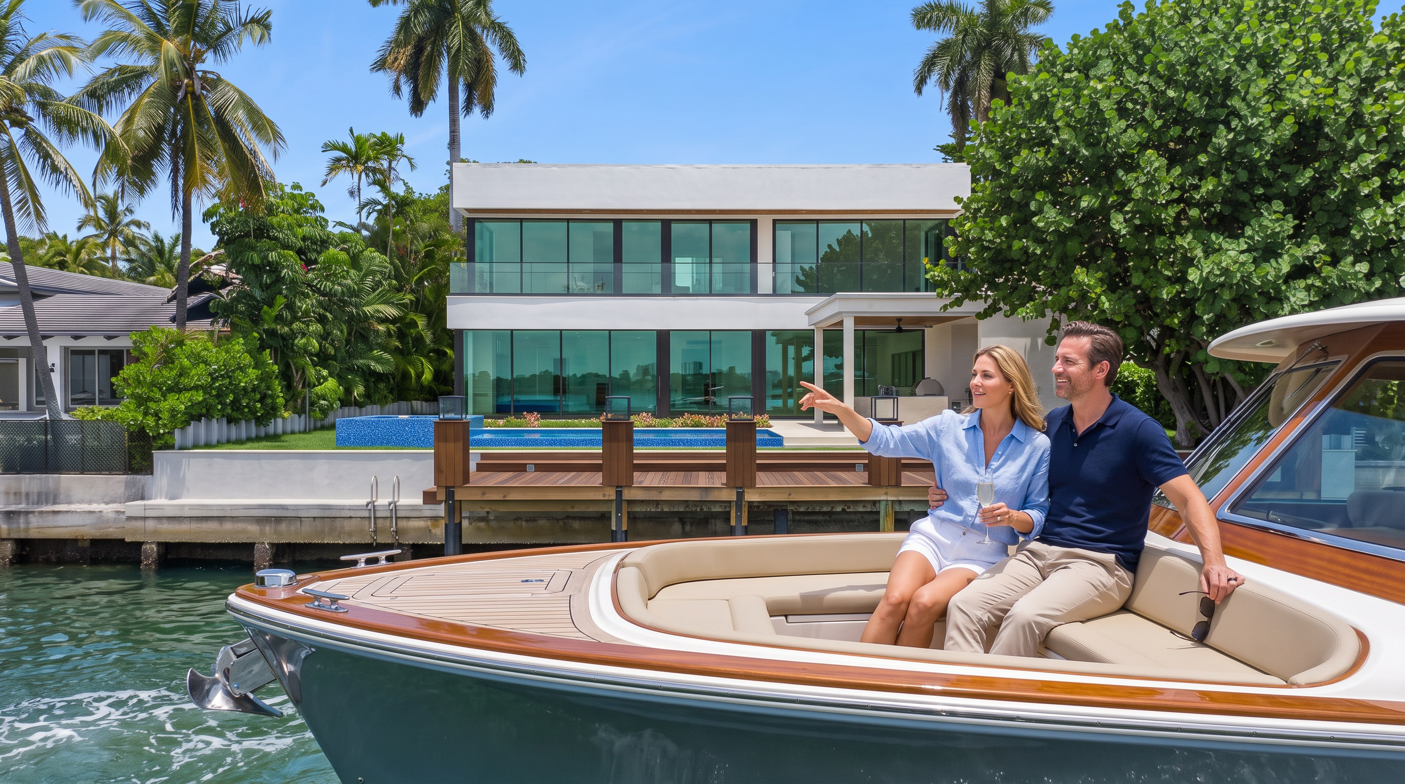 This stunning waterfront property features a contemporary architectural design with extensive floor-to-ceiling glass windows that maximize natural light and water views. The exterior includes a modern swimming pool and a private wooden deck, creating a seamless transition from the home to the waterway. A couple is shown enjoying the lifestyle afforded by this luxury residence while arriving via boat, highlighting the property's premier marina-front location.
