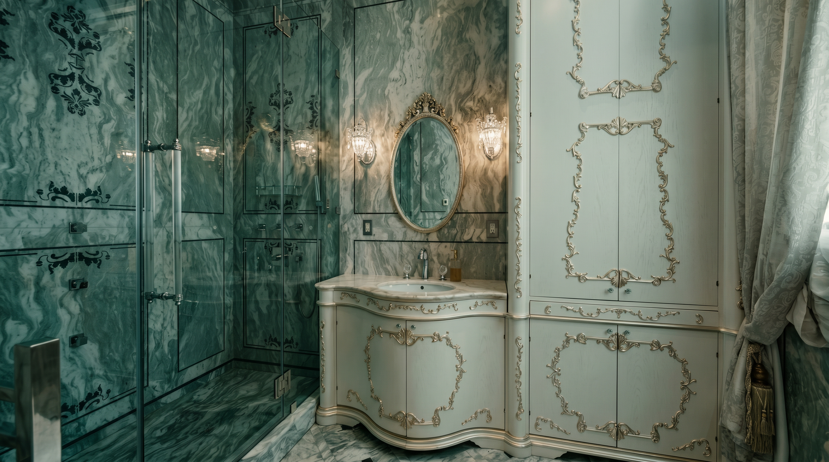 This luxurious primary bathroom features opulent green marble wall and floor tiles with intricate gold-leaf detailing on the custom white cabinetry. The space includes a glass-enclosed walk-in shower, an elegant oval vanity mirror, and ornate gold hardware, creating a sophisticated and regal atmosphere. The perspective is a wide-angle shot capturing the seamless integration of the vanity and storage units against the marble backdrop.