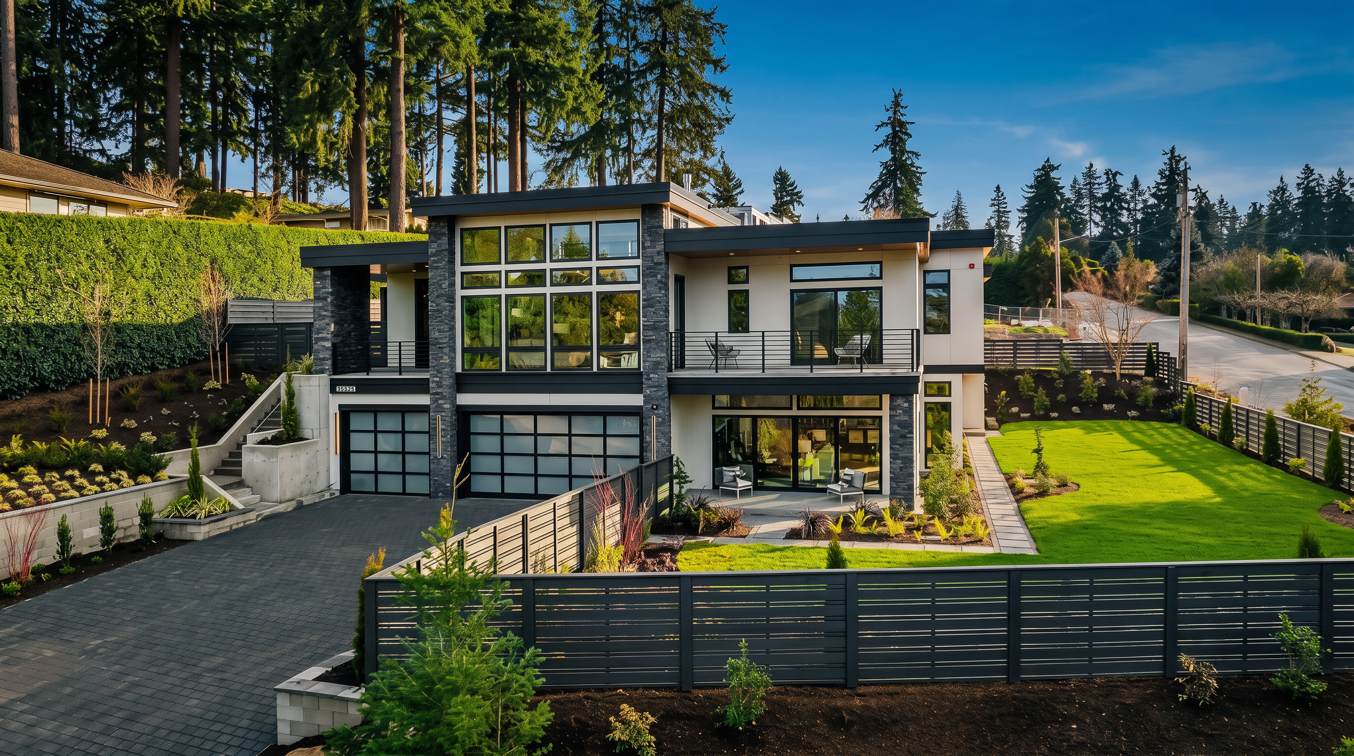 This modern, multi-level residence features a striking contemporary design with a mix of stone veneer and smooth siding. The home includes a two-car garage, a prominent upper-level balcony, and large windows that allow for abundant natural light. The property is set against a backdrop of mature evergreen trees, with a manicured lawn and a paved driveway leading to the entrance.