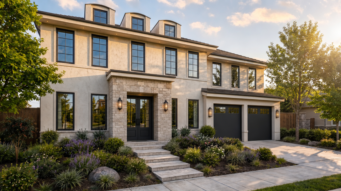 This elegant, two-story custom home features a sophisticated blend of light-colored stucco and stone architectural details. The facade is highlighted by symmetrically placed dark-framed windows, a prominent stone-encased entryway, and a clean, modern driveway leading to a two-car garage, all set within a beautifully landscaped manicured garden.