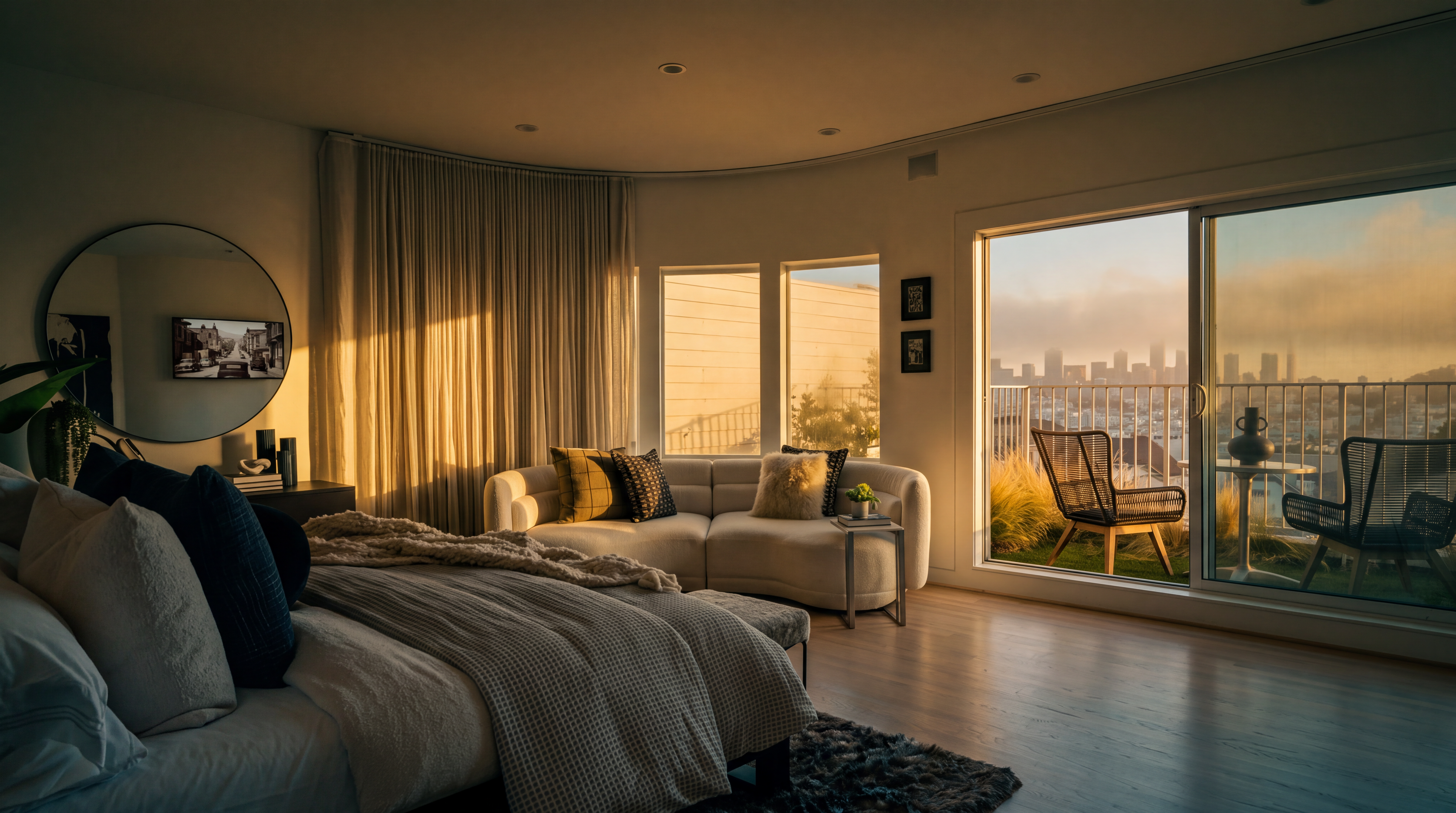 This bright and airy primary bedroom features light wood flooring, a plush textured area rug, and a curved wall with floor-to-ceiling drapery. A modern white curved sofa sits near large sliding glass doors that open onto a private balcony with outdoor seating and city views. The room is decorated with a large circular mirror and a minimalist aesthetic, creating a serene and sophisticated atmosphere.